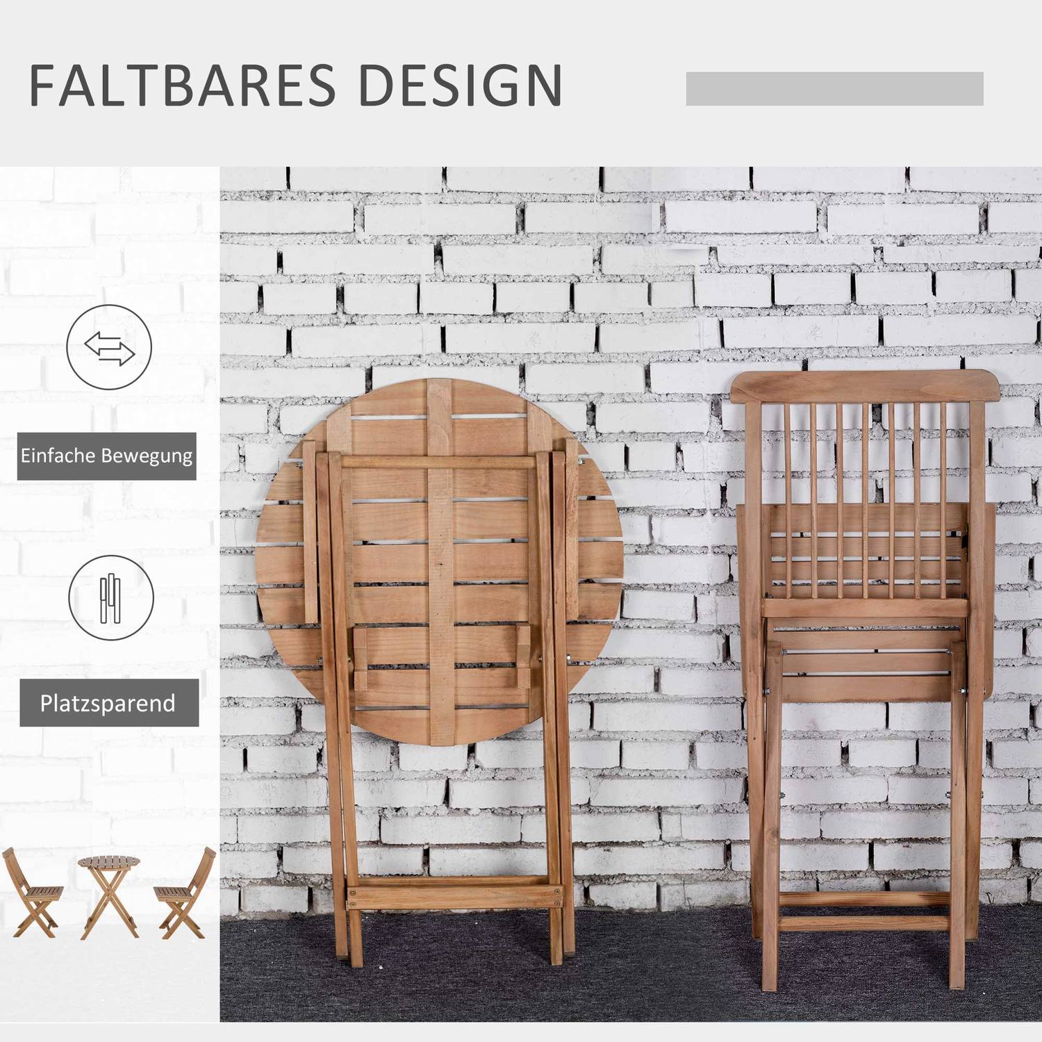 Vikbar träbistroset för 2, naturlig finish