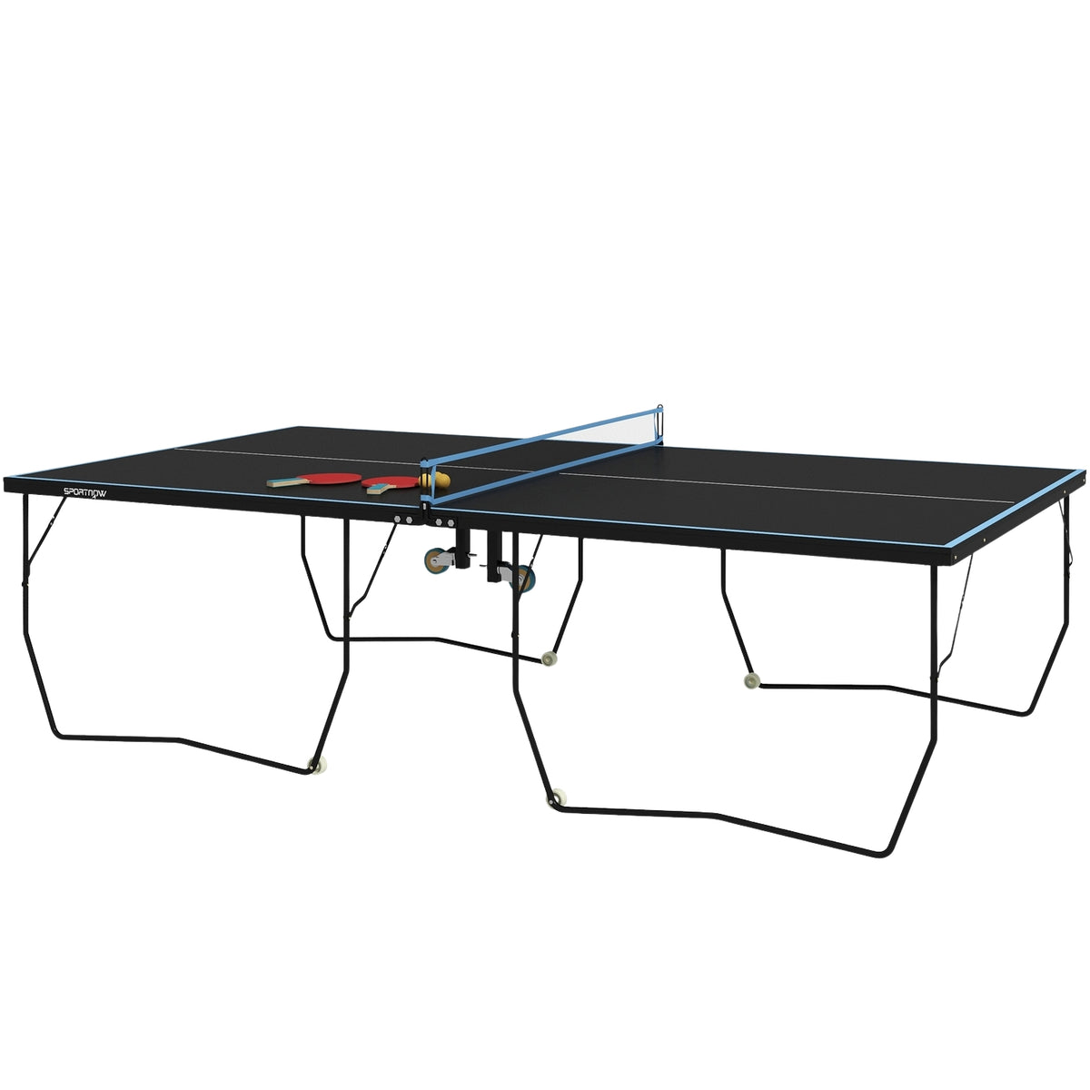 Skládací venkovní stůl na stolní tenis, kolečka a síťka v balení