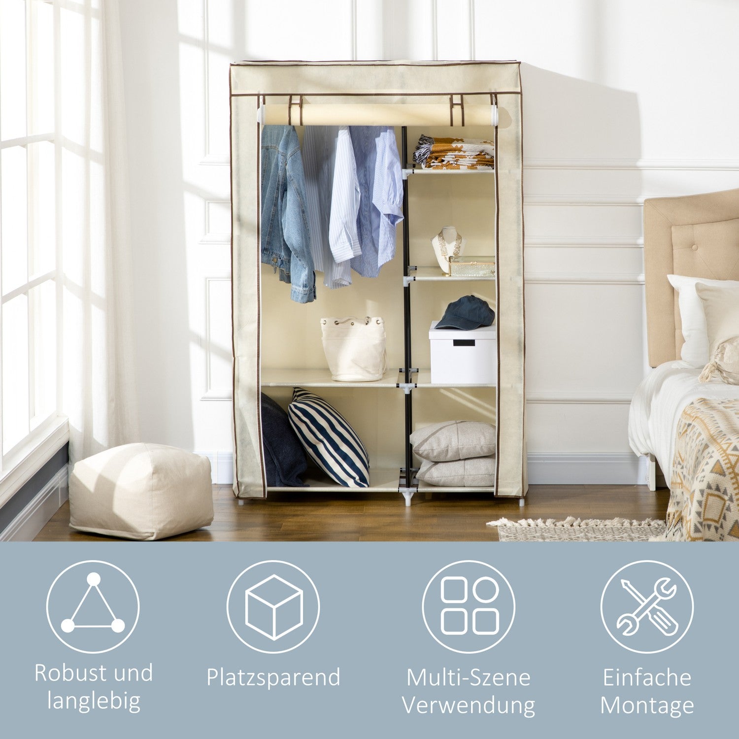 Vikbar tyggarderob – kräm, 2 skenor, 6 hyllor