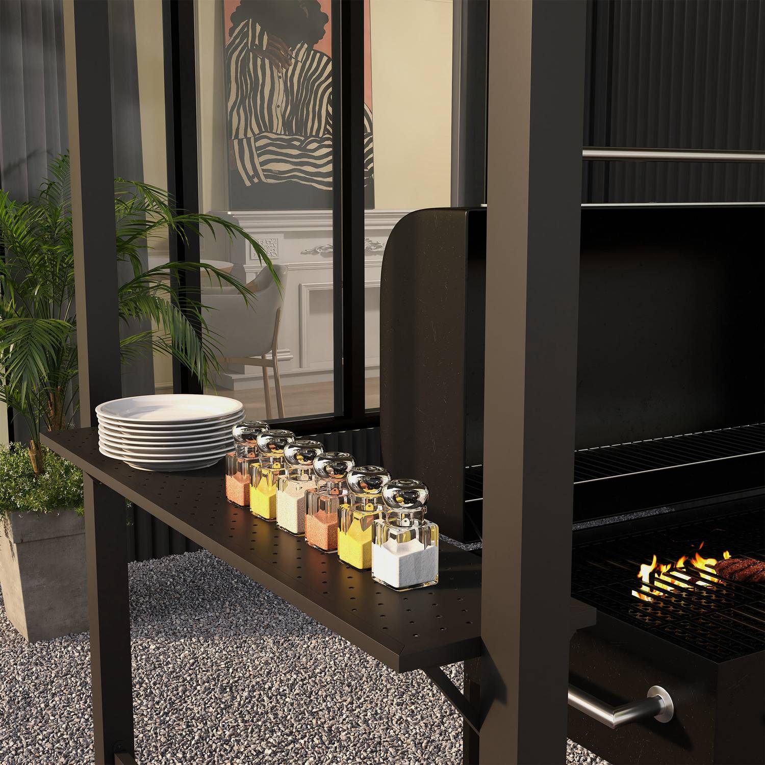 Vindtät grillpaviljong i stål, dubbelt tak, UV-skydd