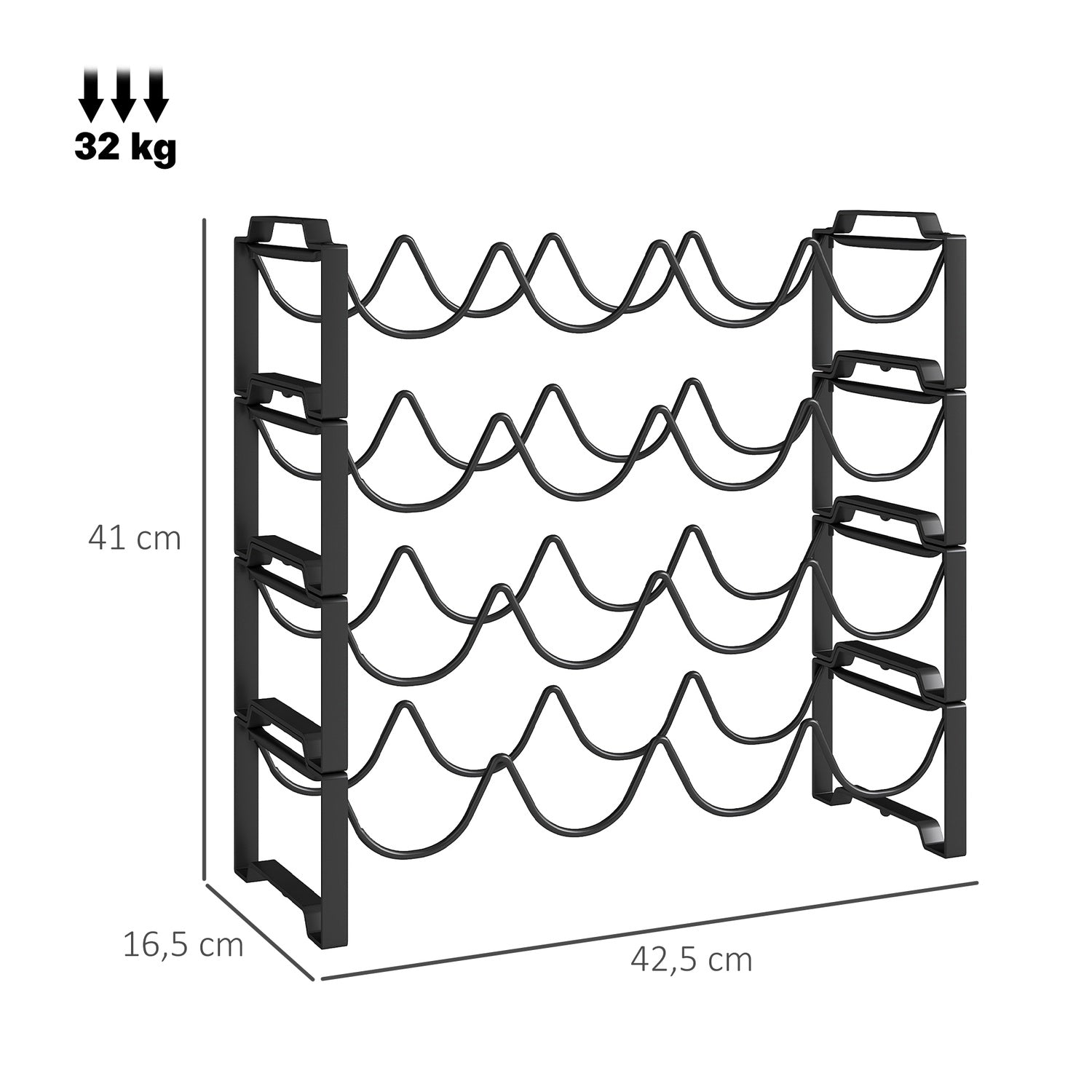 Vinställ i metall för 16 flaskor – svart förvaringshållare