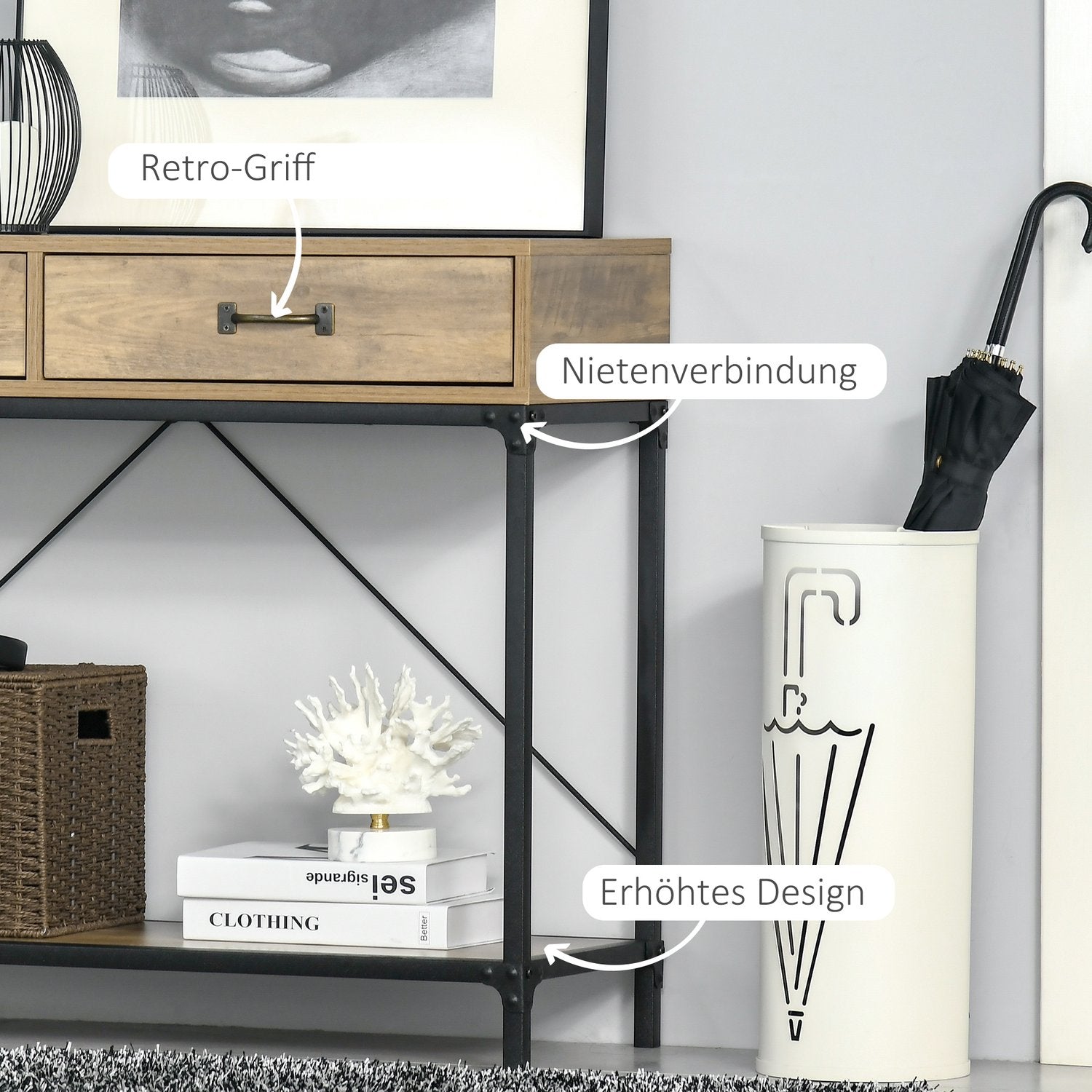 Vintage brunt konsolbord, 2 lådor & bottenhylla