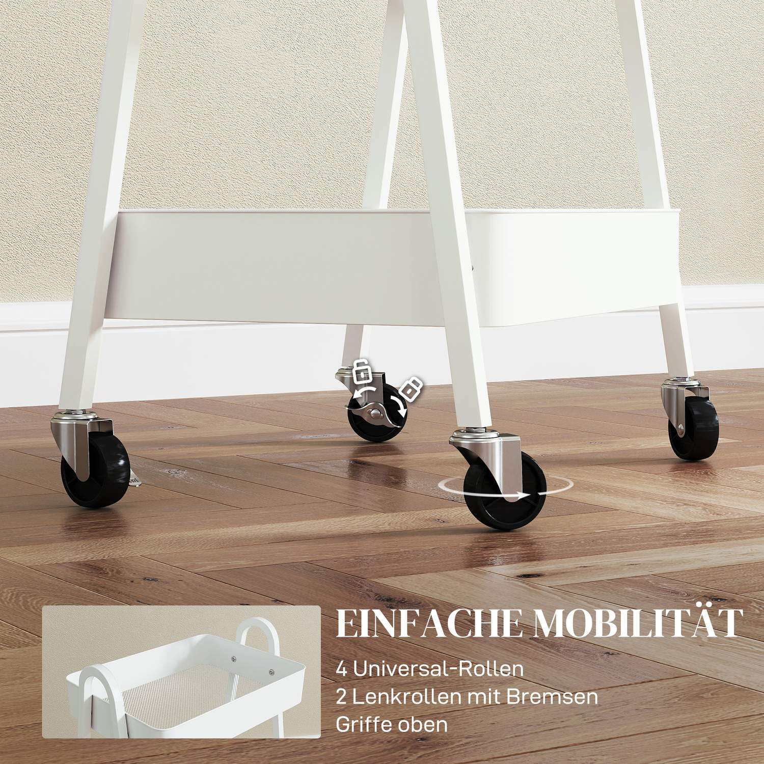 Vit 3-vånings köksvagn med hjul och bromsar