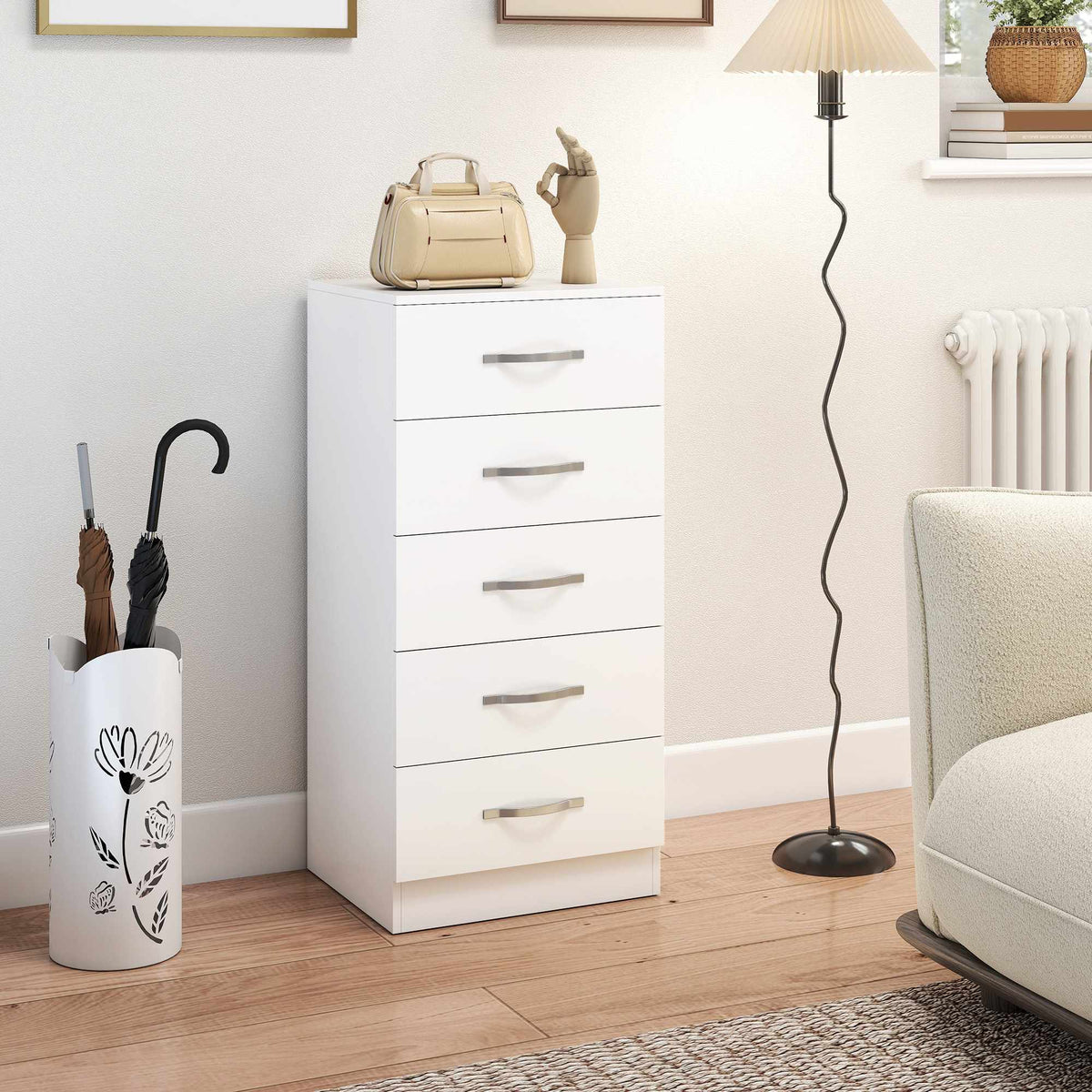 Vit byrå med 5 lådor, spånskiva, platsbesparande design
