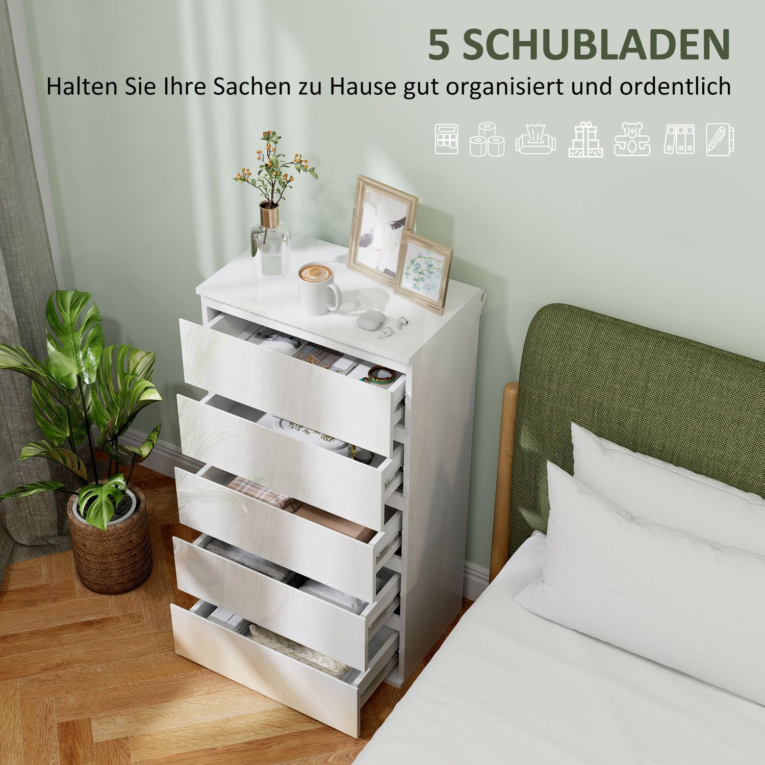 Vit byrå med 5 tippskyddande flikar, 55x34x100 cm