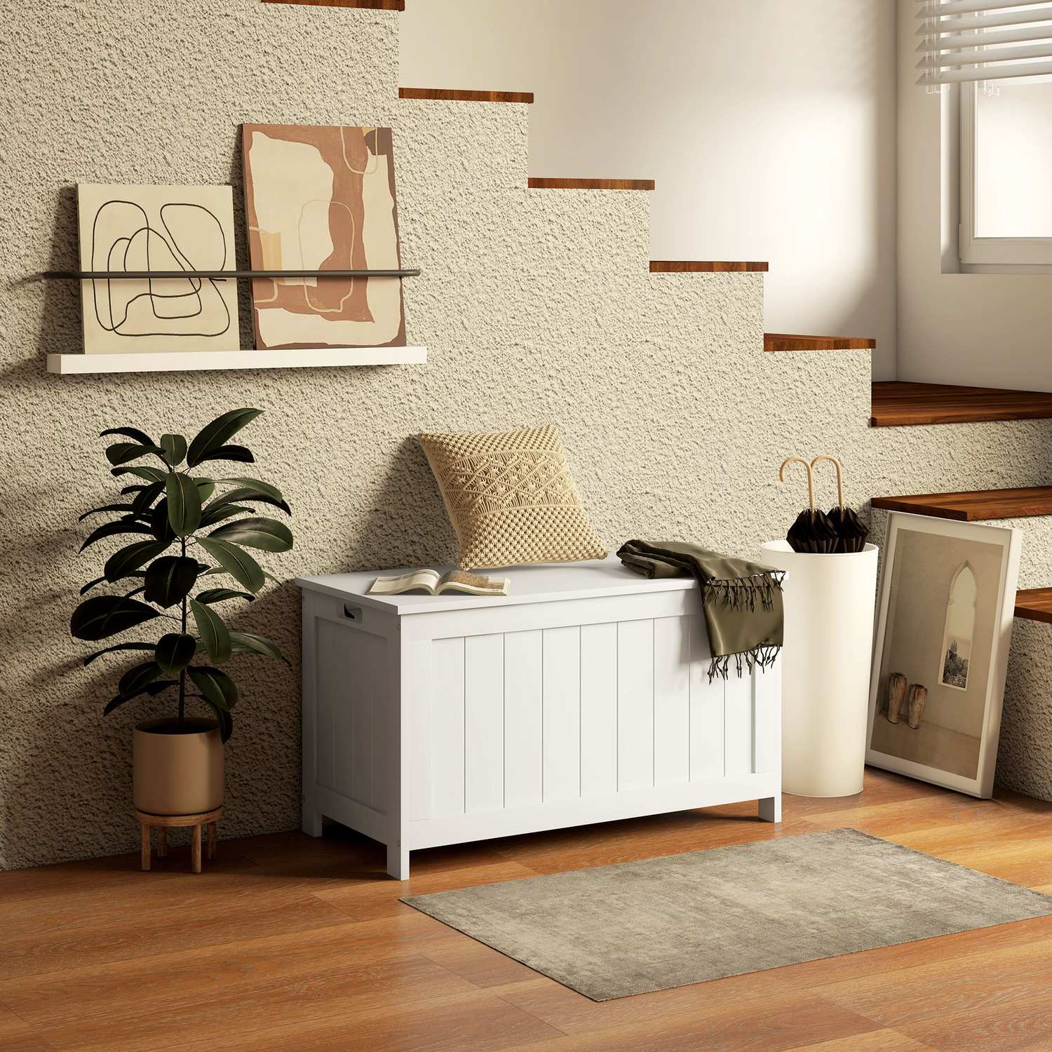 Vit förvaringslåda med lock och handtag – 81x40x46 cm