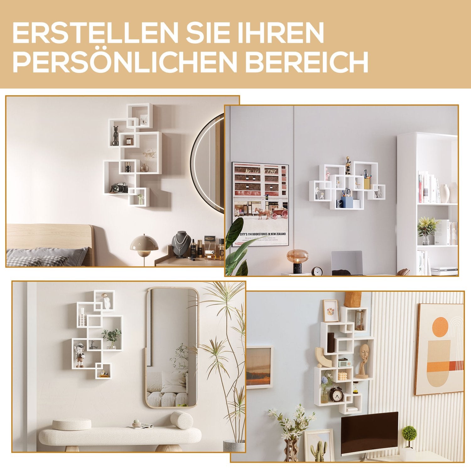 Vit gran trä flytande vägghylla – 5 kuber, 9 fack