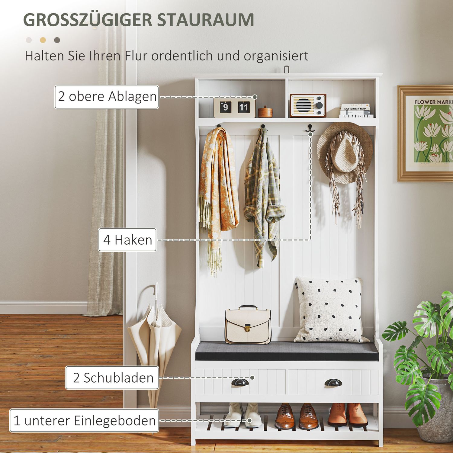 Vit klädhängare och skobänk med krokar – Entréförvaring