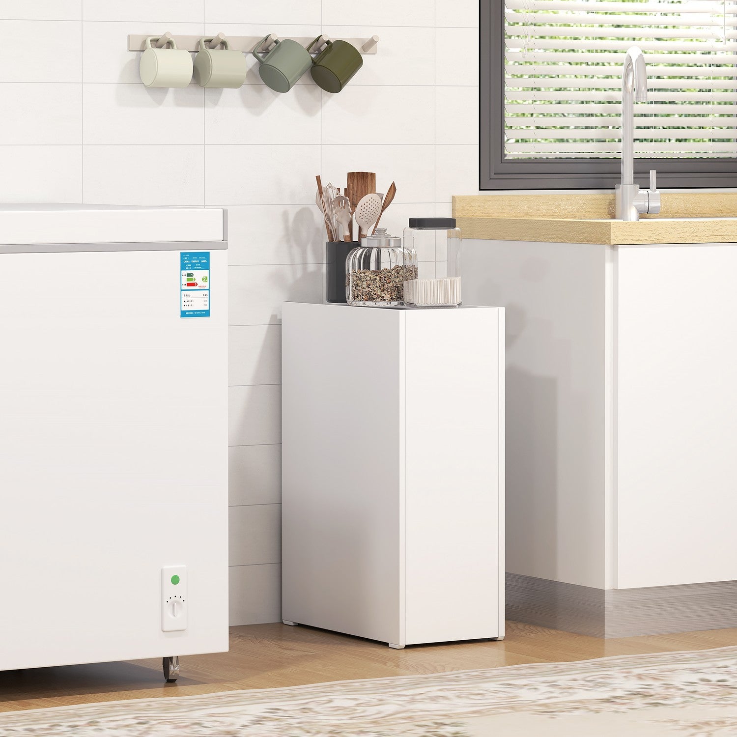 Vit smalt badrumsskåp med hjul, 3 lådor