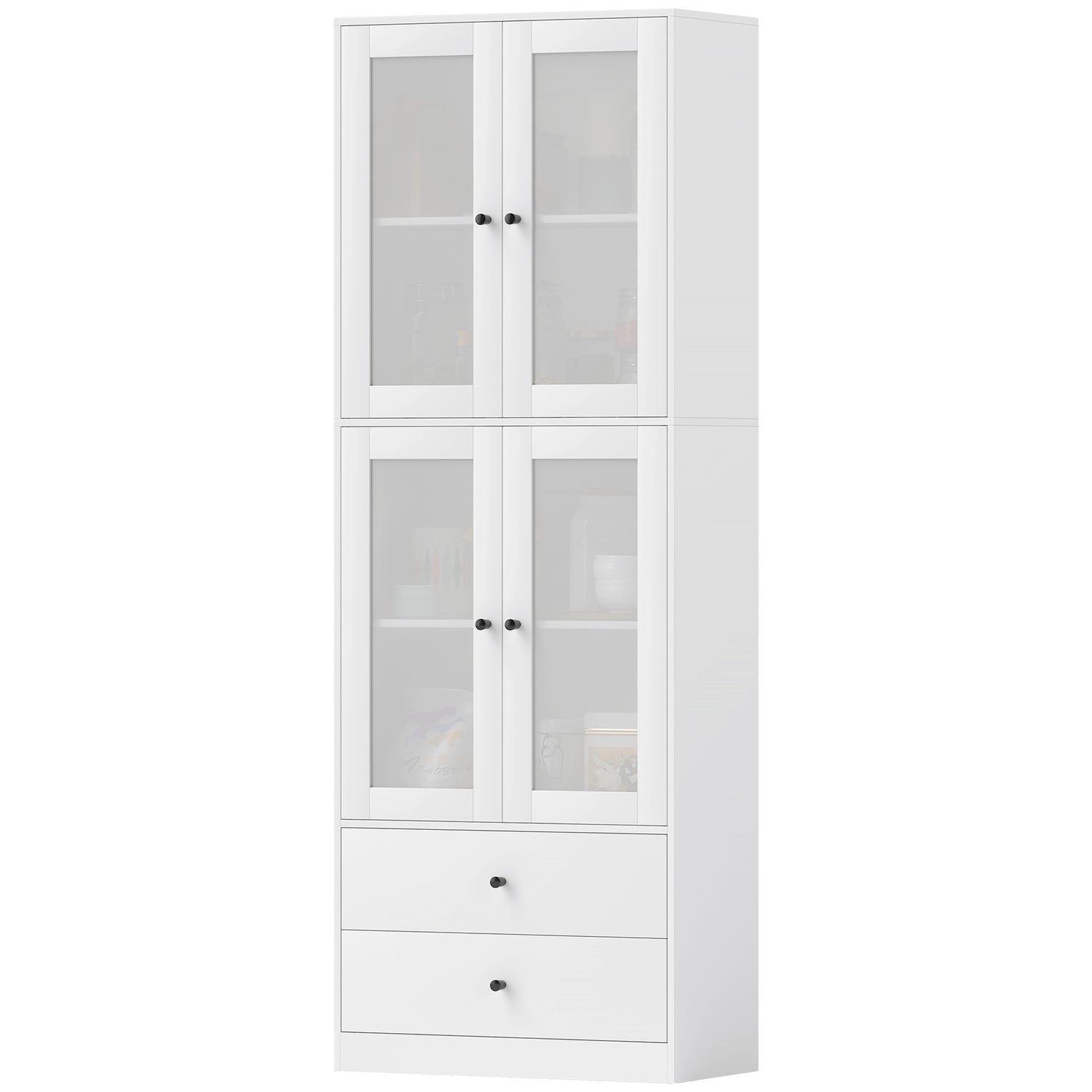 Vitt högt köksskåp, ställbara hyllor, låda