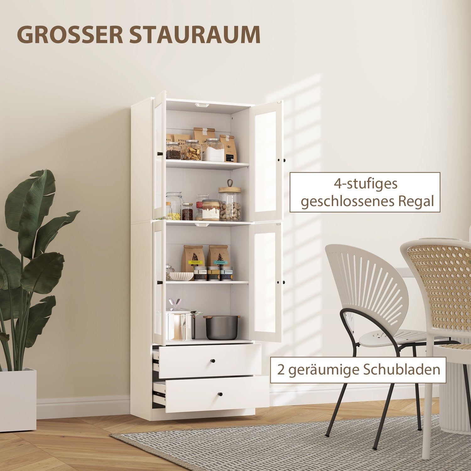 Vitt högt köksskåp, ställbara hyllor, låda