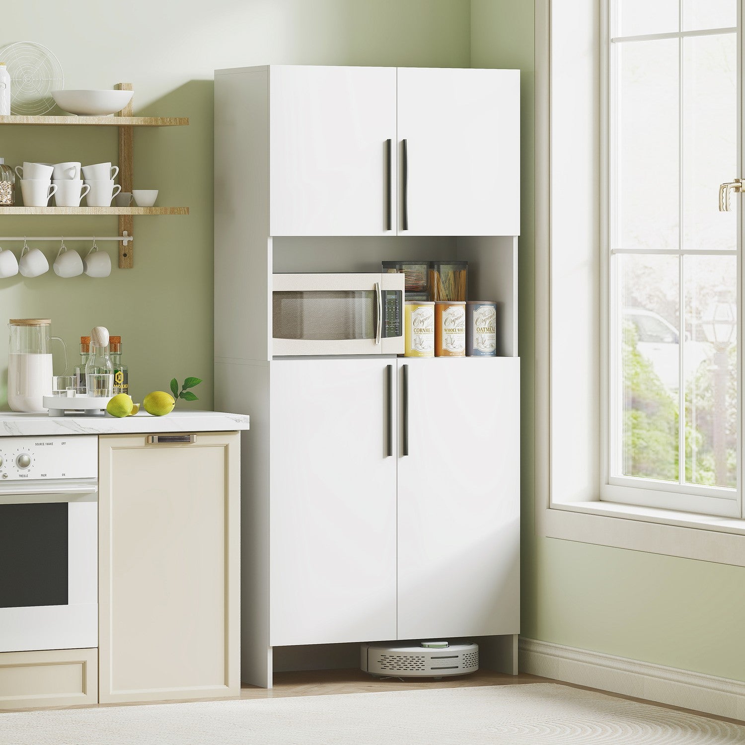 Vitt kök högskåp, mjukstängande dörrar, mikrovågshylla