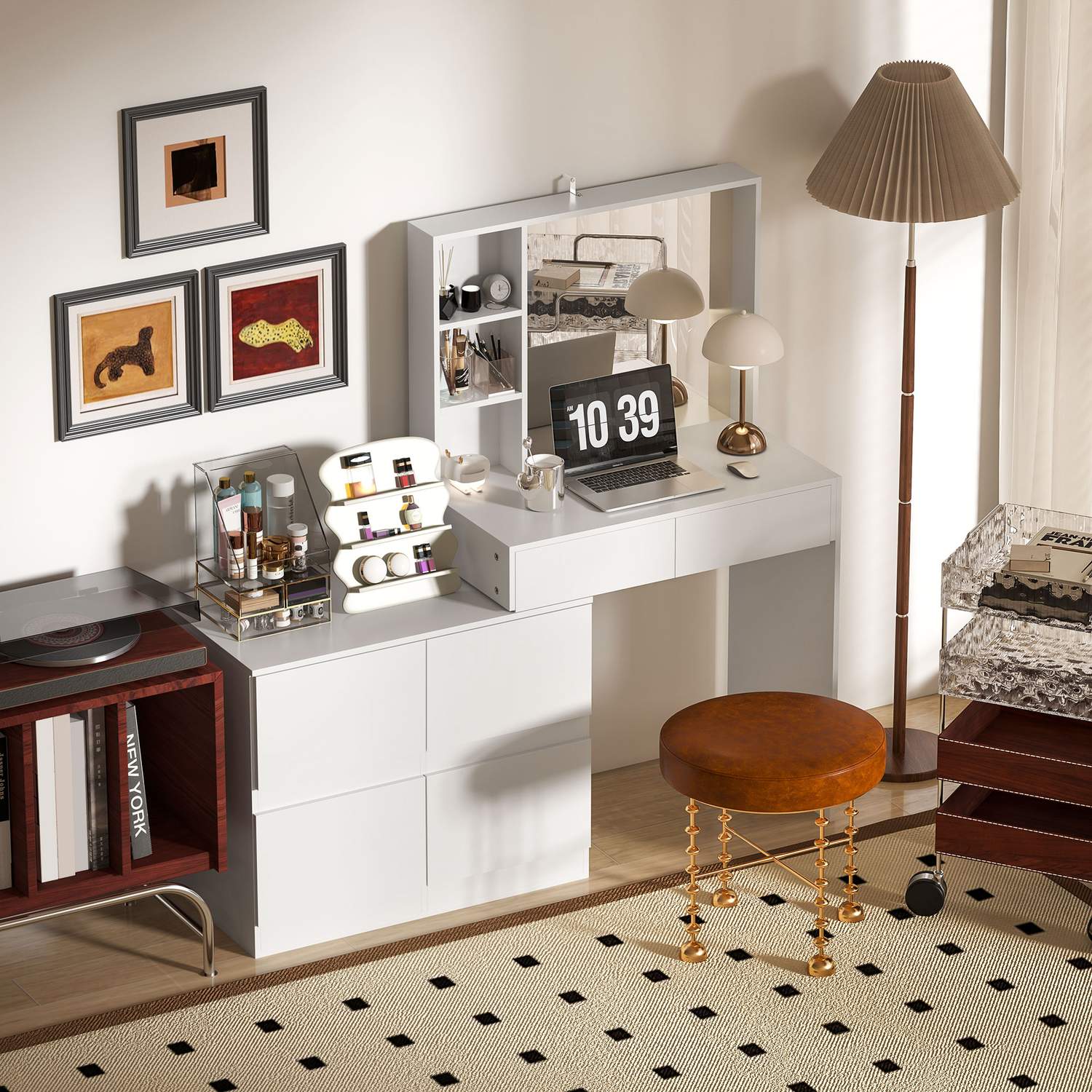 Vitt sminkbord med spegel – 4 lådor & hyllor