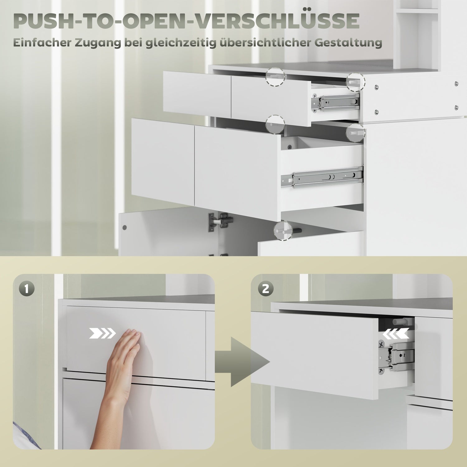 Vitt sminkbord med spegel – 4 lådor & hyllor