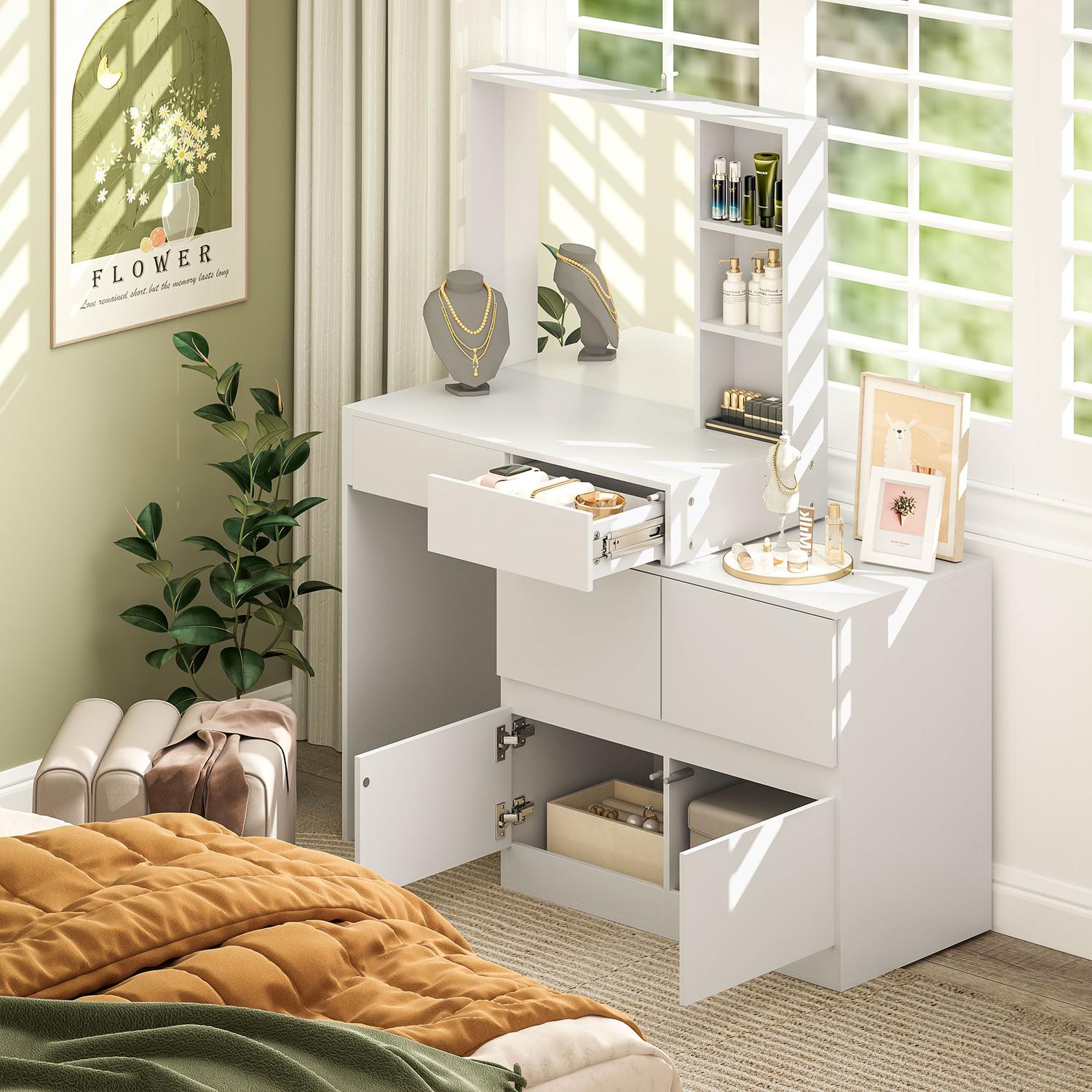 Vitt sminkbord med spegel – 4 lådor & hyllor
