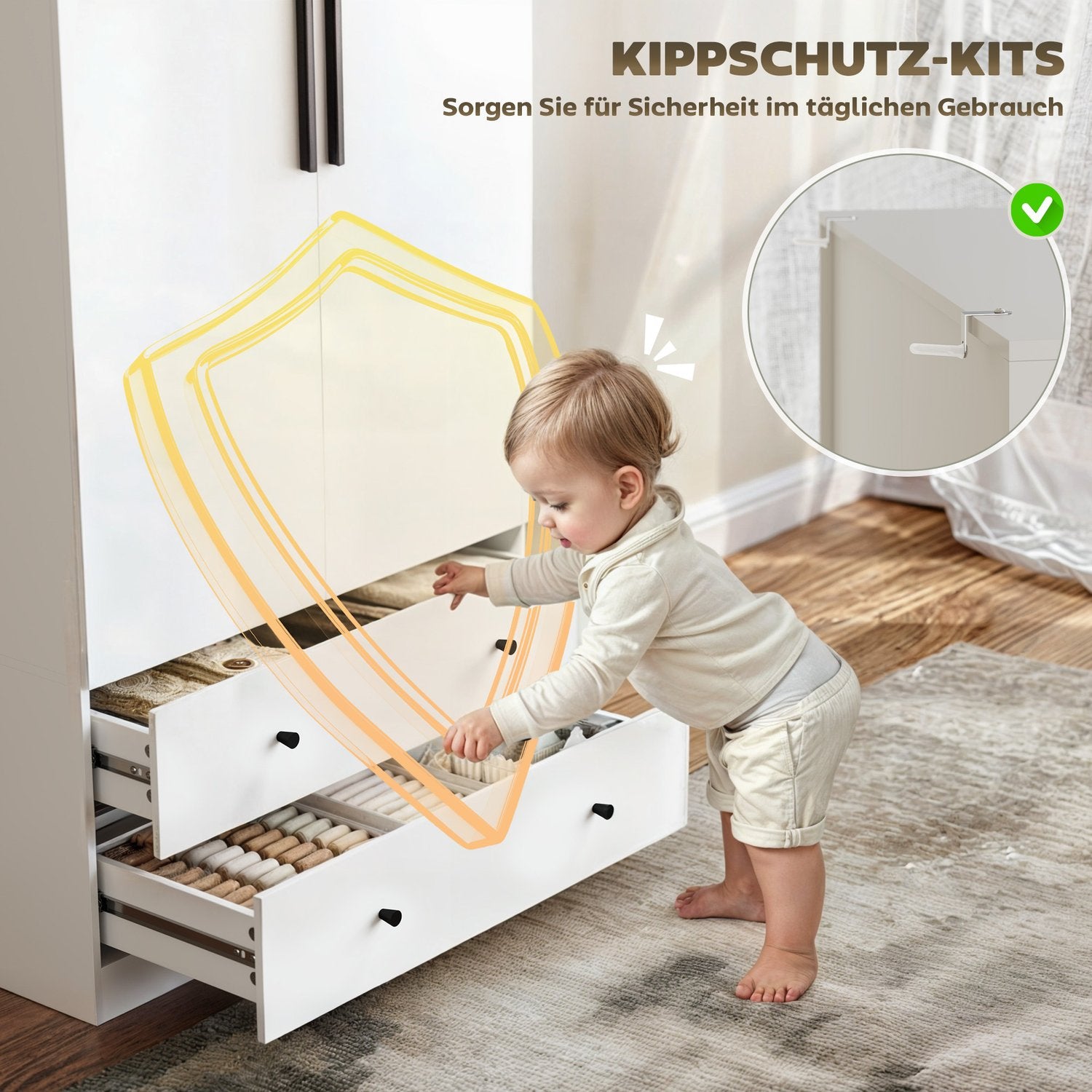 Vit tvådörrars garderob med klädstång och lådor