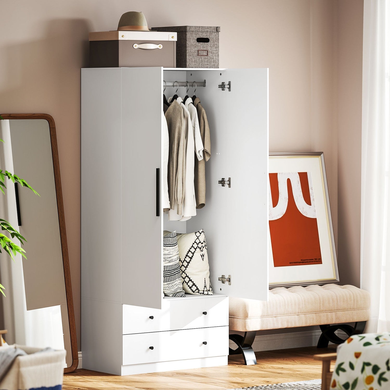 Vit tvådörrars garderob med klädstång och lådor