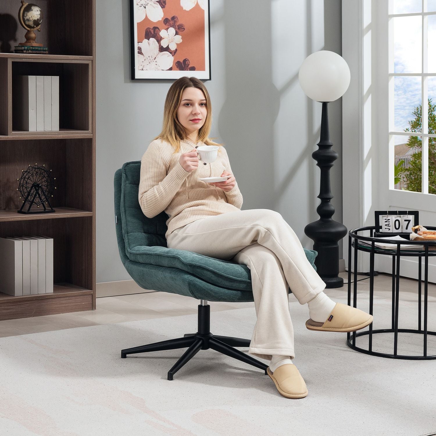 Vridbar kontorsstol med bred sits, rymlig klädd stol för kontoret, arbetsrum, mörkgrön