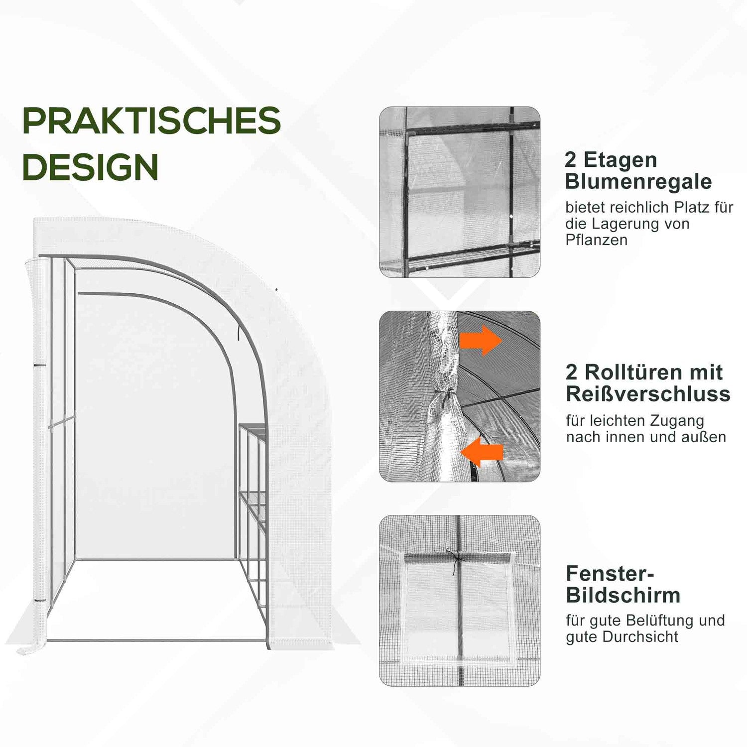 Växthus med hyllor & fönster, Stålstomme, 300x150x213 cm