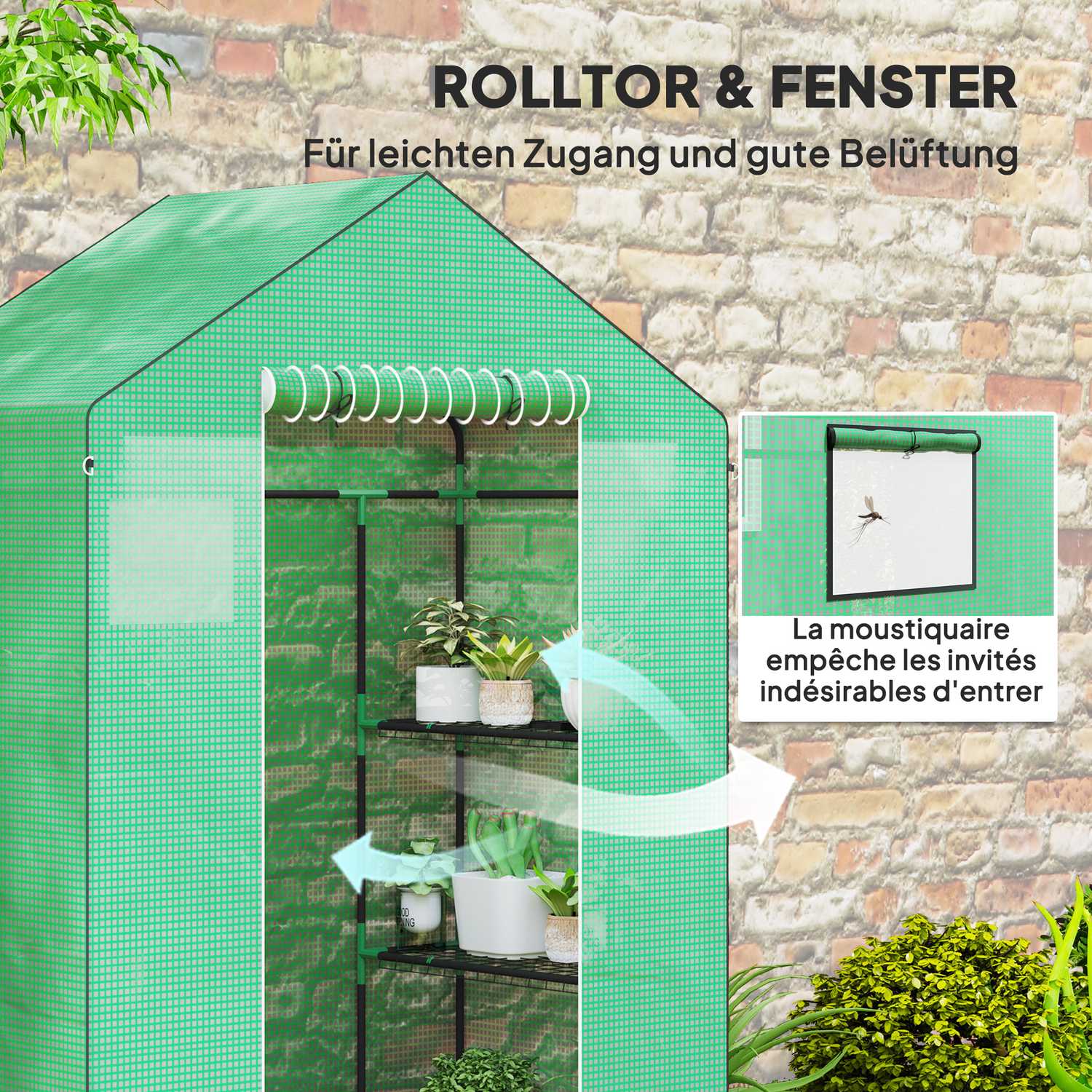 Växthus med hyllor och rulldörr för tomater