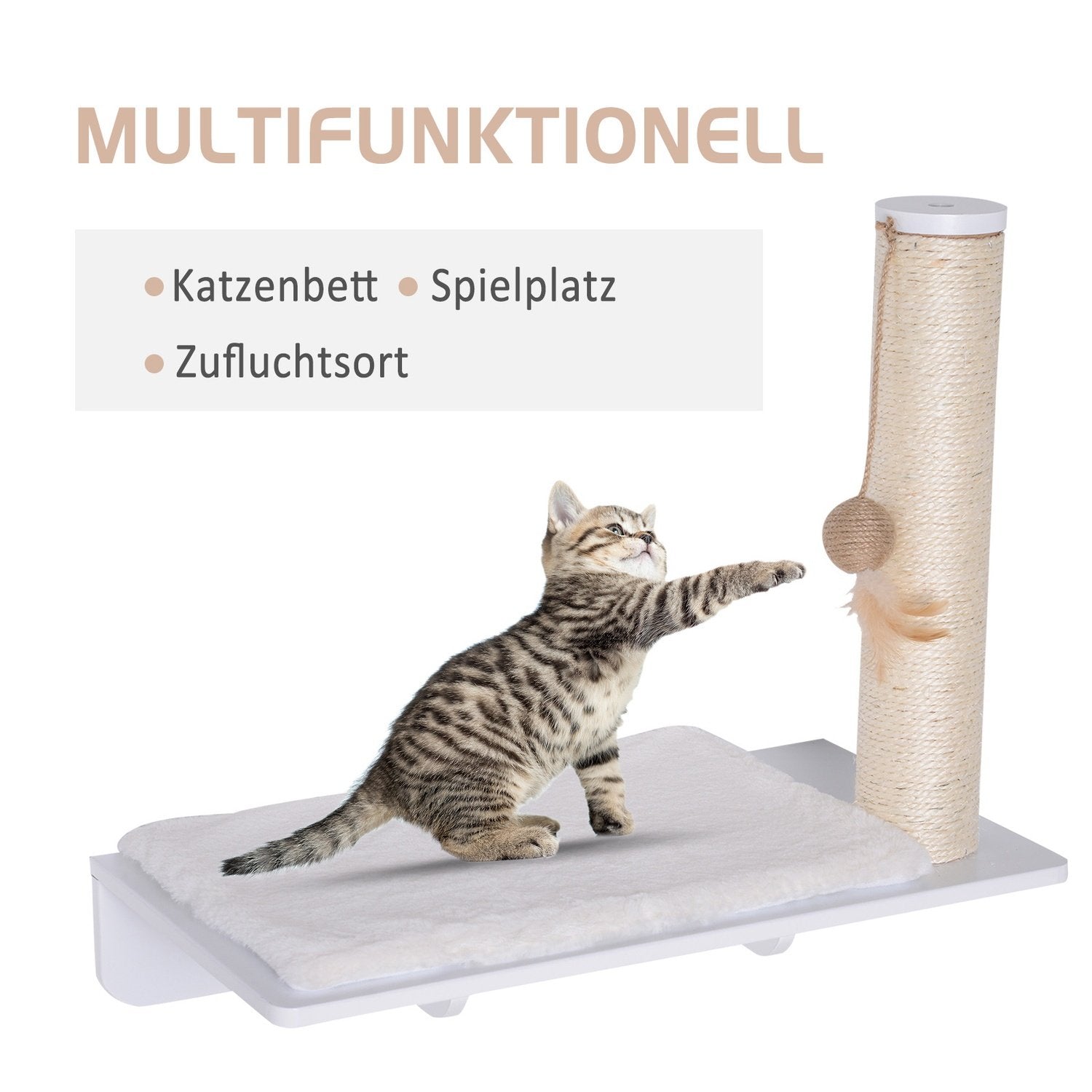 Cat Lounger Med Skrapstolpe Underhållande Katthylla Med Bollleksak Plyschkudde Vit 53Cm