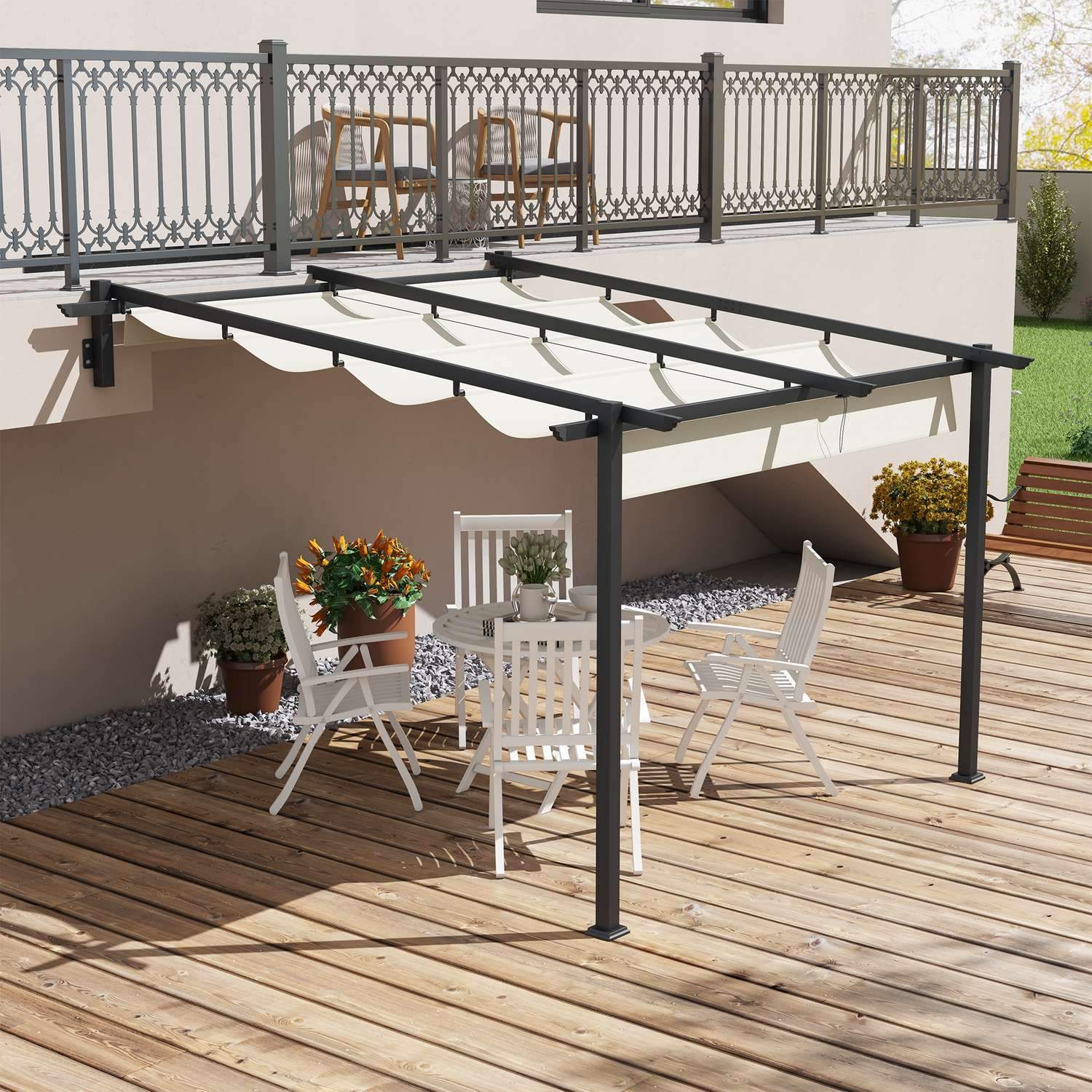 Gazebo Ca 3 X 3 M Pergola Vindtät Altantak, Väggmonterad Altantak, Justerbart Tak, För Trädgård, Uteplats, Krämfärgad.