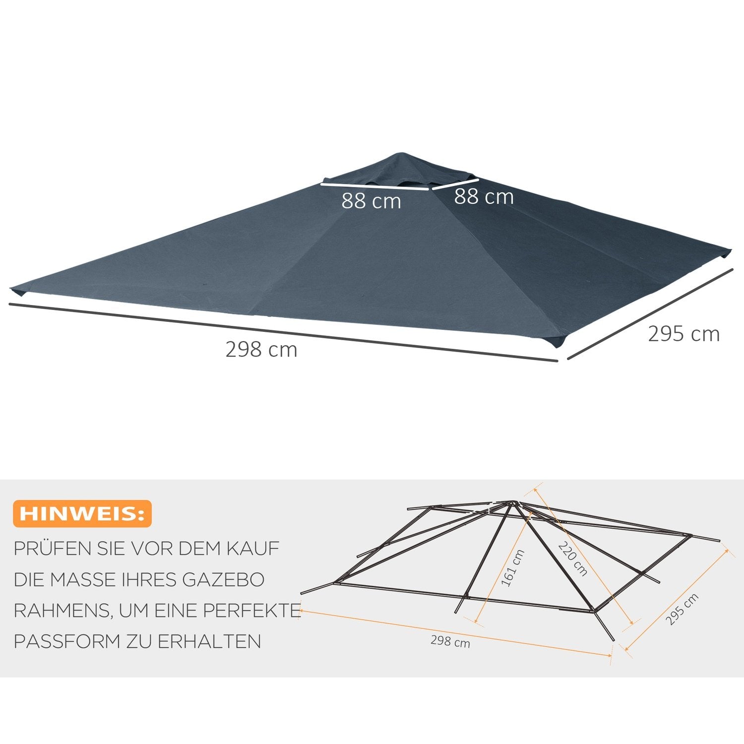 Gazebo Roof 3X3M Ersättningstak För Gazebo, Pavilion Cover, Solskydd, Polyester, Mörkgrå