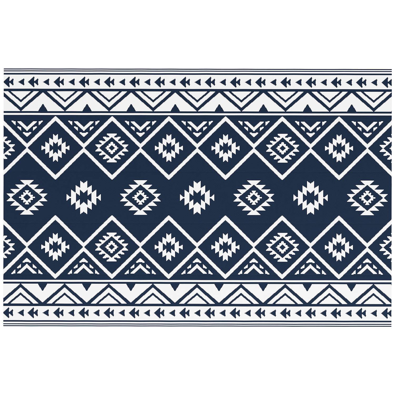 Outdoor Rug Vändbar Plastmatta Med Bärväska, Vattenavvisande, För Camping, Mörkblå + Vit, 182X274Cm