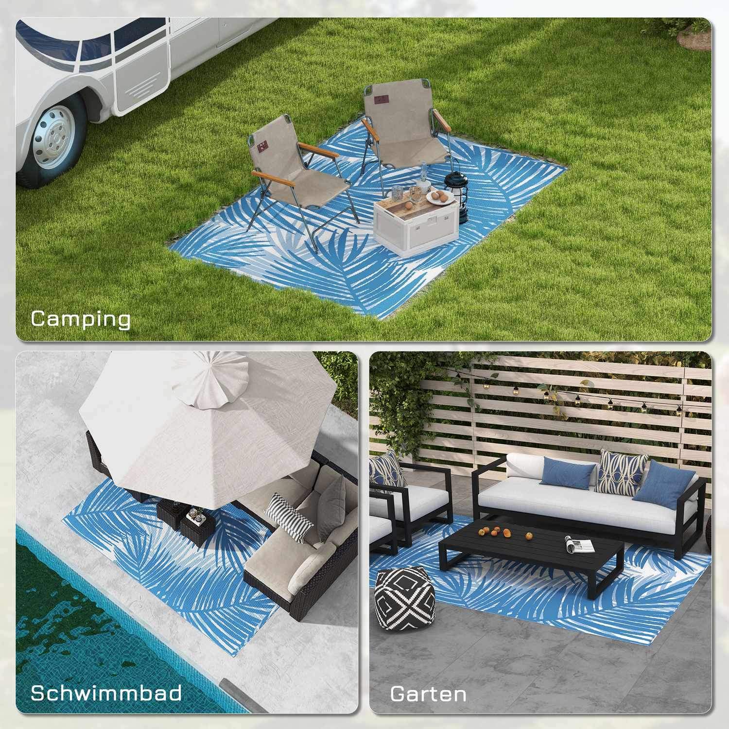 Outdoor Rug Vändbar Matta Med Bärväska, 182X274Cm, Blå, Plast, Trädgårdsmatta, Balkongmatta För Camping, Uteplats