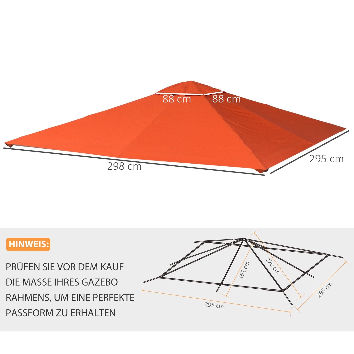 Ersättningstak För Gazebo Solskydd Gazebo Cover Tillverkad Av Polyester, Orange, 2,98 X 2,95 M