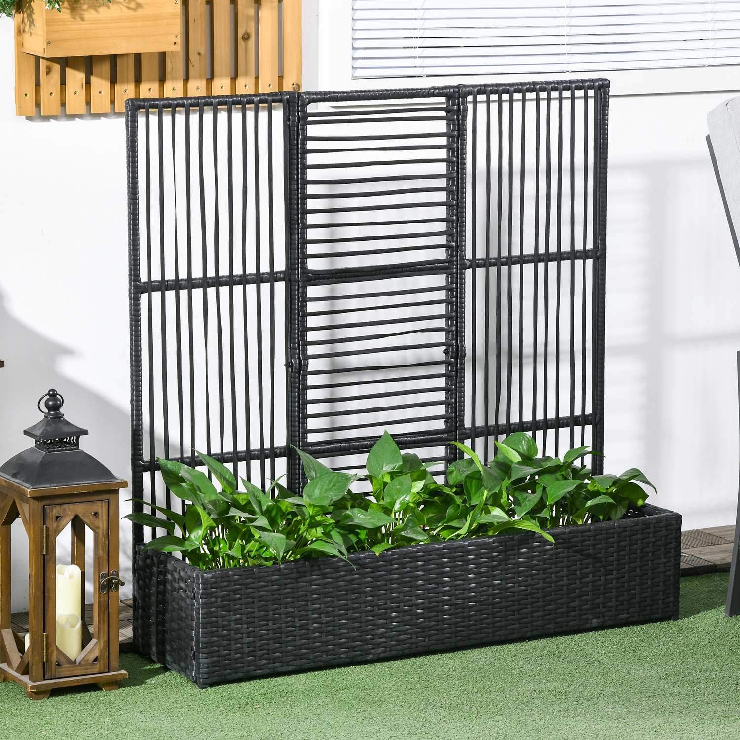 Polyrattan Upphöjd Säng Med Spaljé Blomlåda Plant Box Blomsterbädd För Trädgård Balkong Svart 103 X 103 X 29 Cm