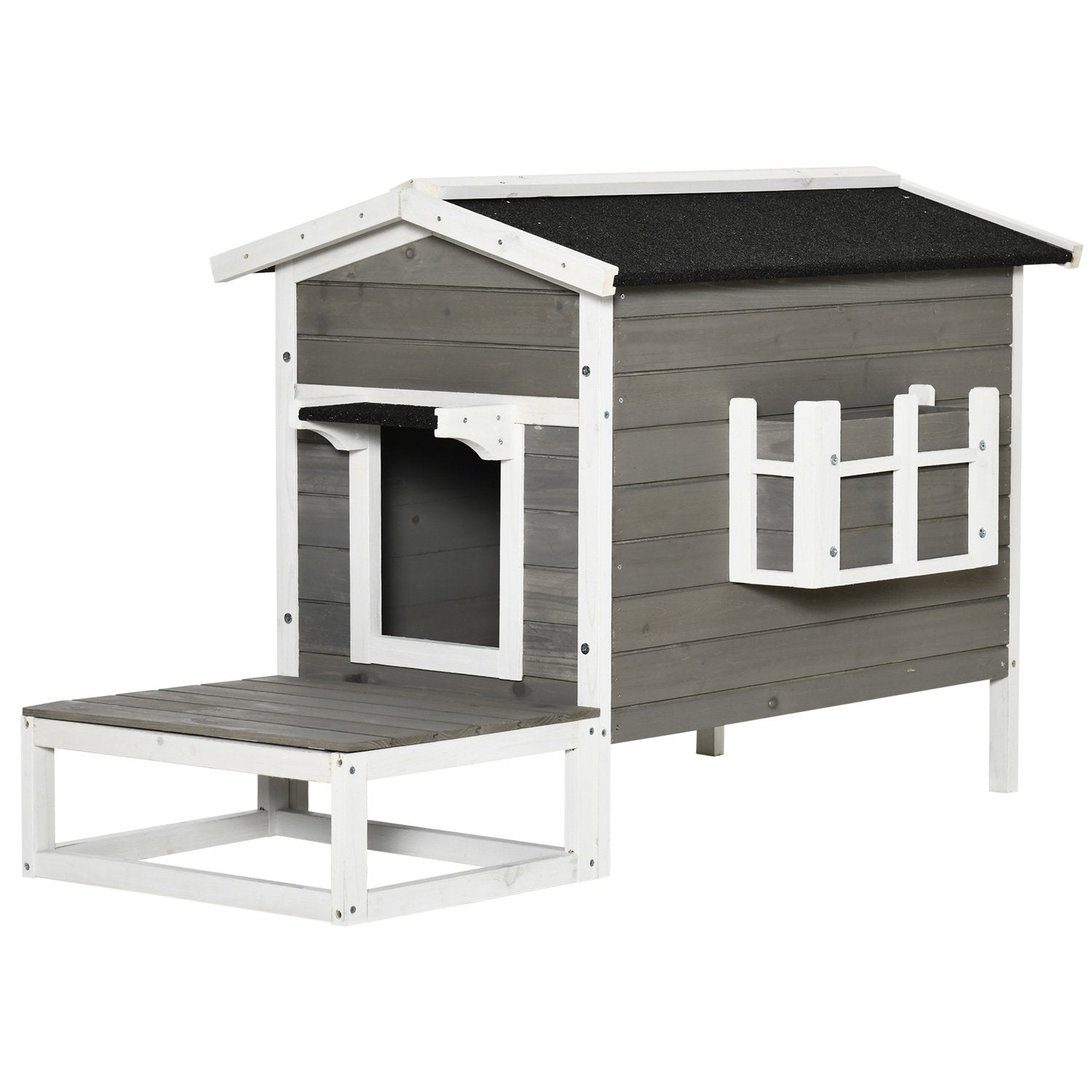 Cat House Cat Hut Cat Cave Smådjurshus Med Terrass Och Balkong För Katter Hundar Gran Wood Grå + Vit 115 X 66,5 X 74,7 Cm