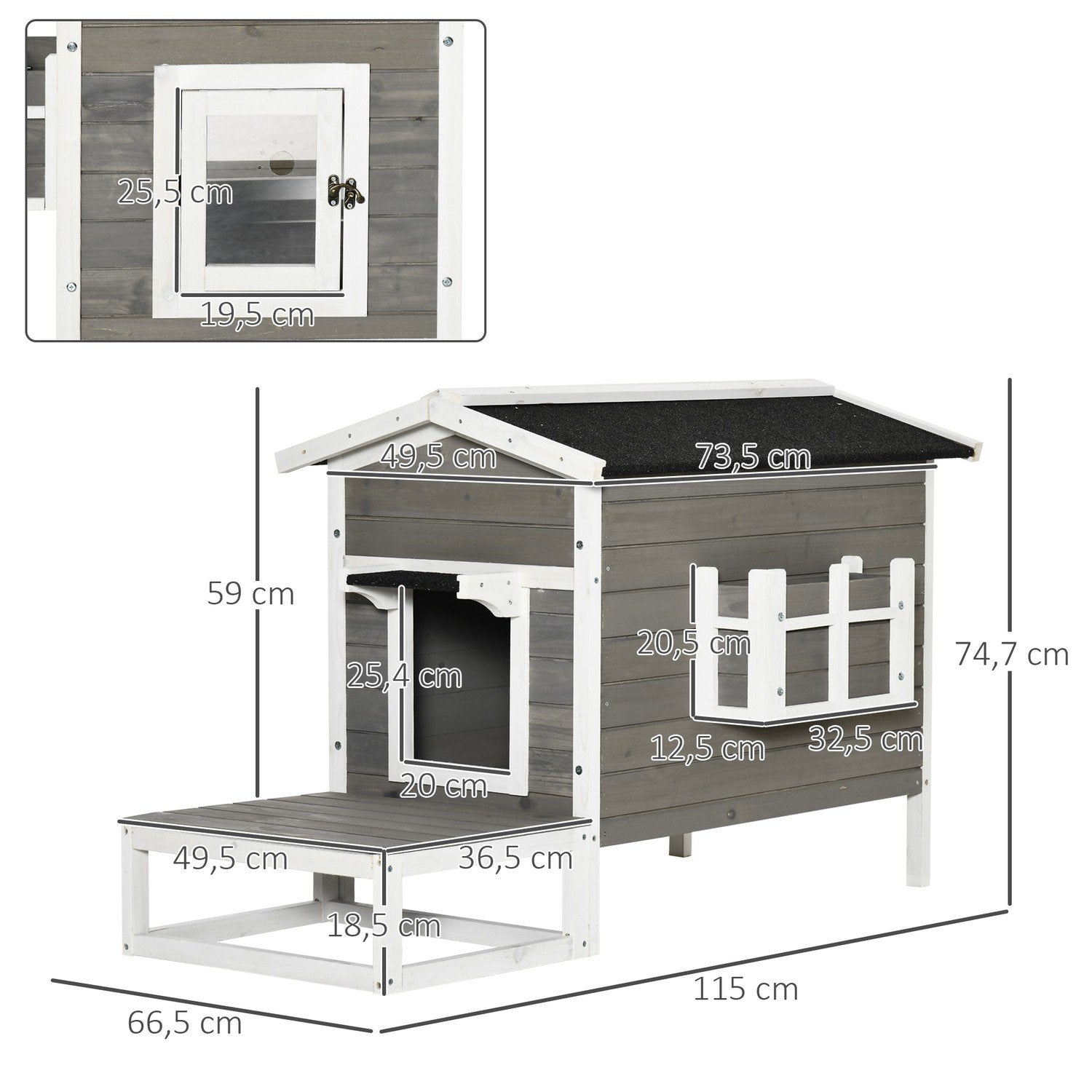 Cat House Cat Hut Cat Cave Smådjurshus Med Terrass Och Balkong För Katter Hundar Gran Wood Grå + Vit 115 X 66,5 X 74,7 Cm