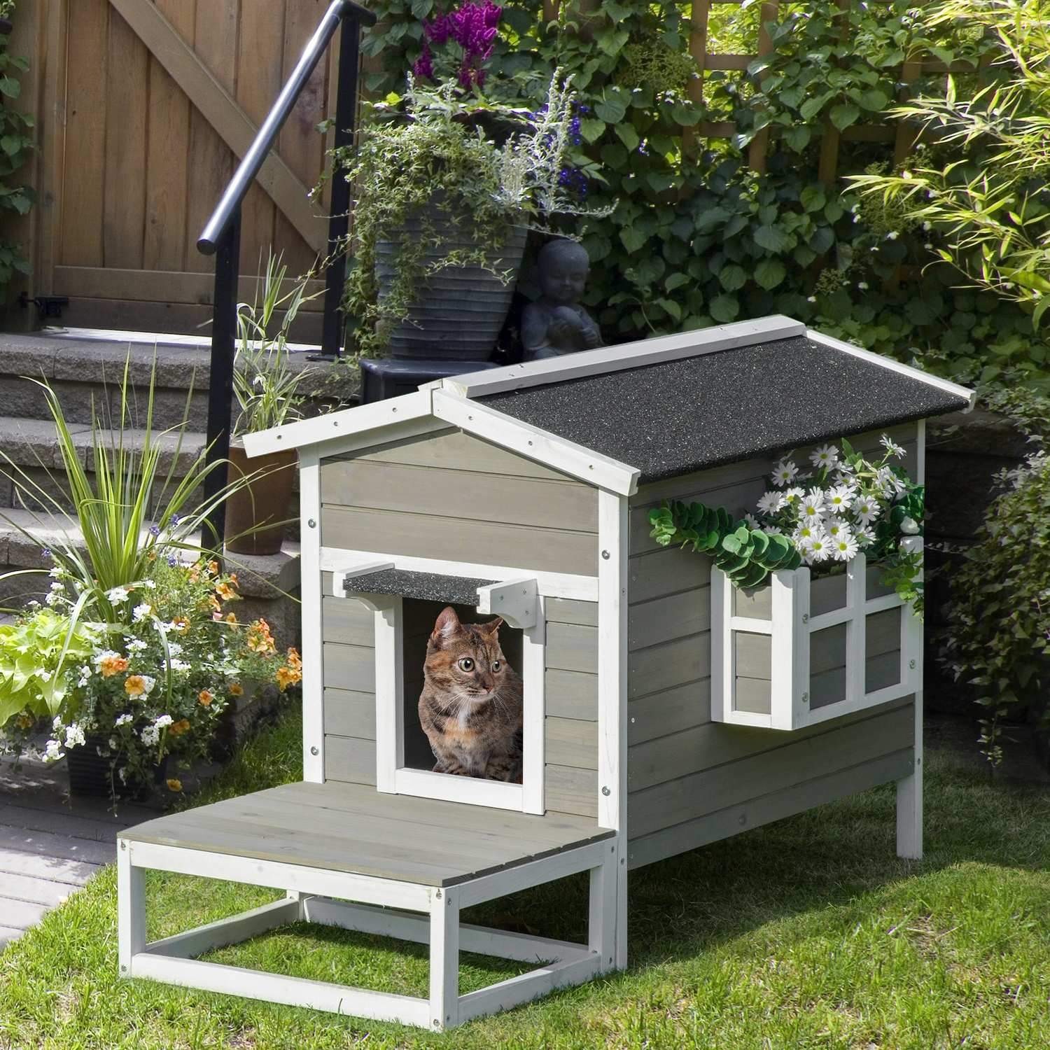 Cat House Cat Hut Cat Cave Smådjurshus Med Terrass Och Balkong För Katter Hundar Gran Wood Grå + Vit 115 X 66,5 X 74,7 Cm