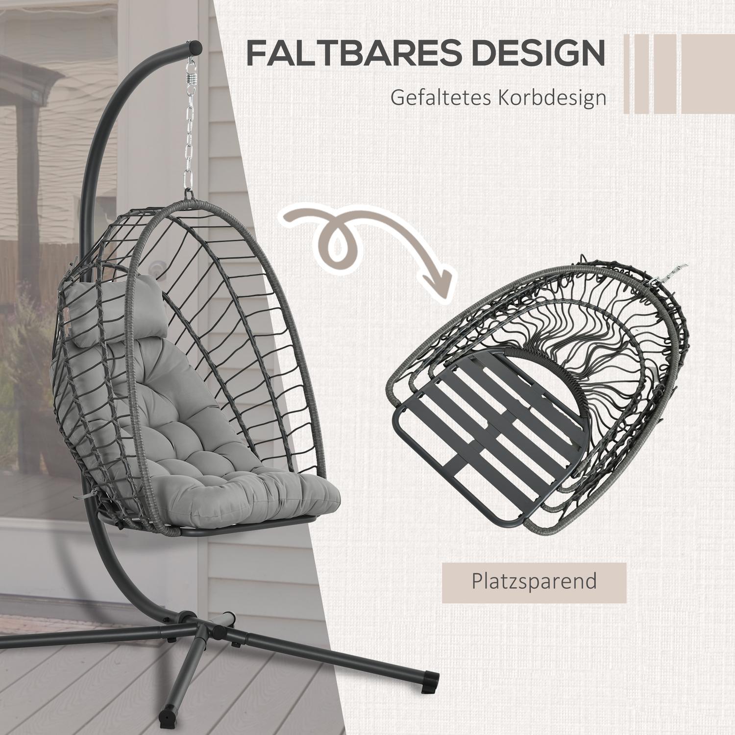 Rattan Hängstol Höjd 194 Cm Gungkorg Inomhus Utomhus Inklusive Ram, Hopfällbar Hängkorg, Dyna, För Uteplats, Trädgård Upp Till 100 Kg, Ljusgrå