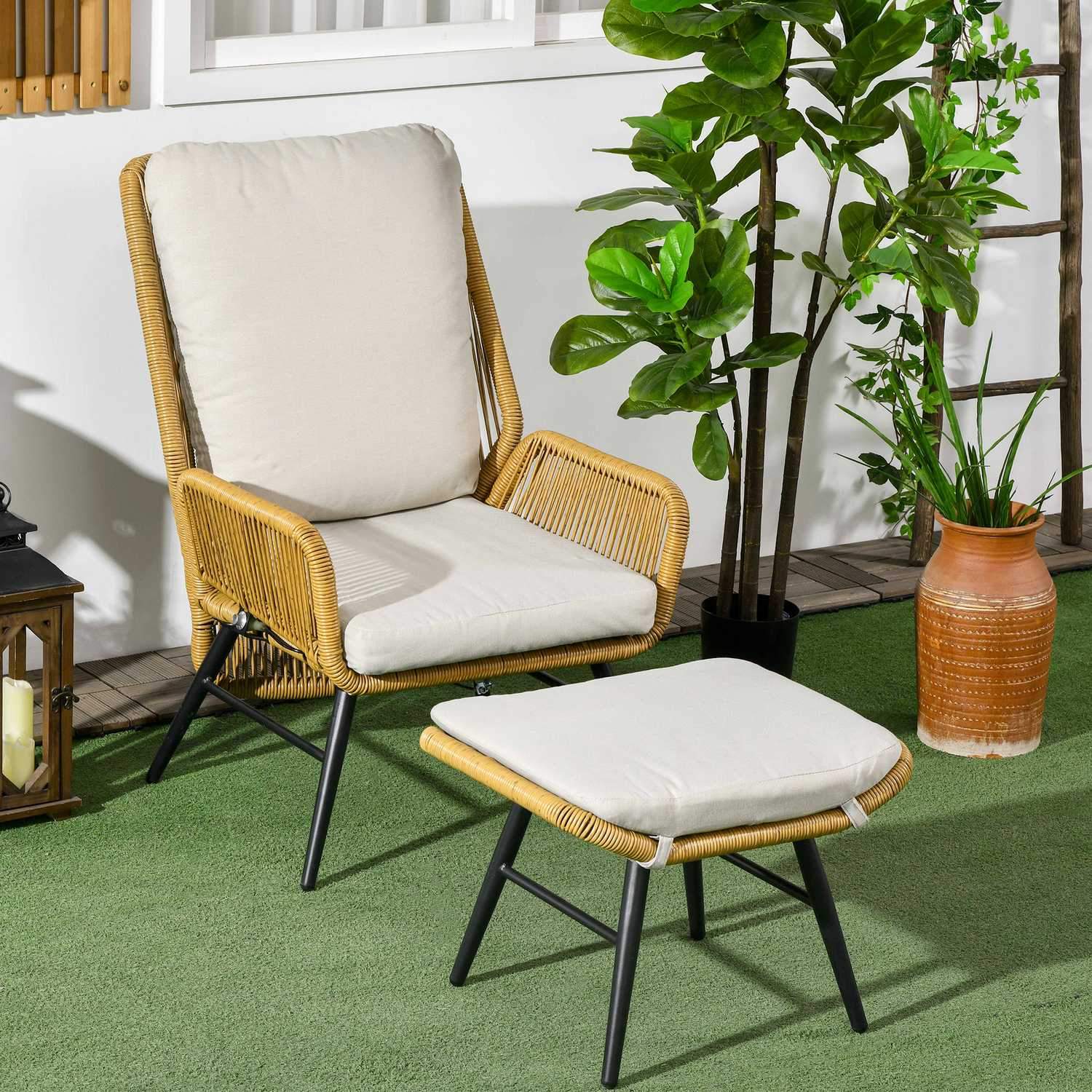 Rattan Relax Stol Med Fotpall Trädgårdsstol Med Justerbart Ryggstöd Utomhus Rottingstolsdyna Naturstål Polyester