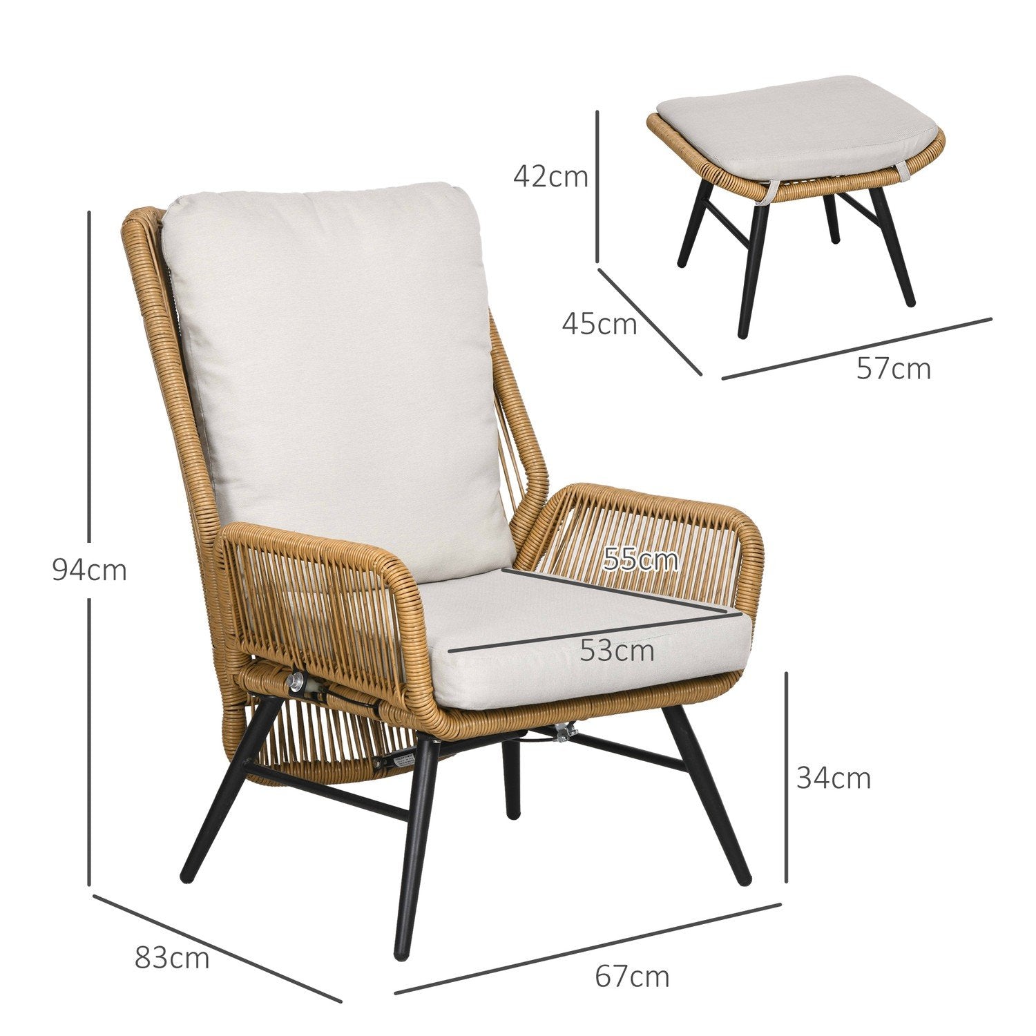 Rattan Relax Stol Med Fotpall Trädgårdsstol Med Justerbart Ryggstöd Utomhus Rottingstolsdyna Naturstål Polyester