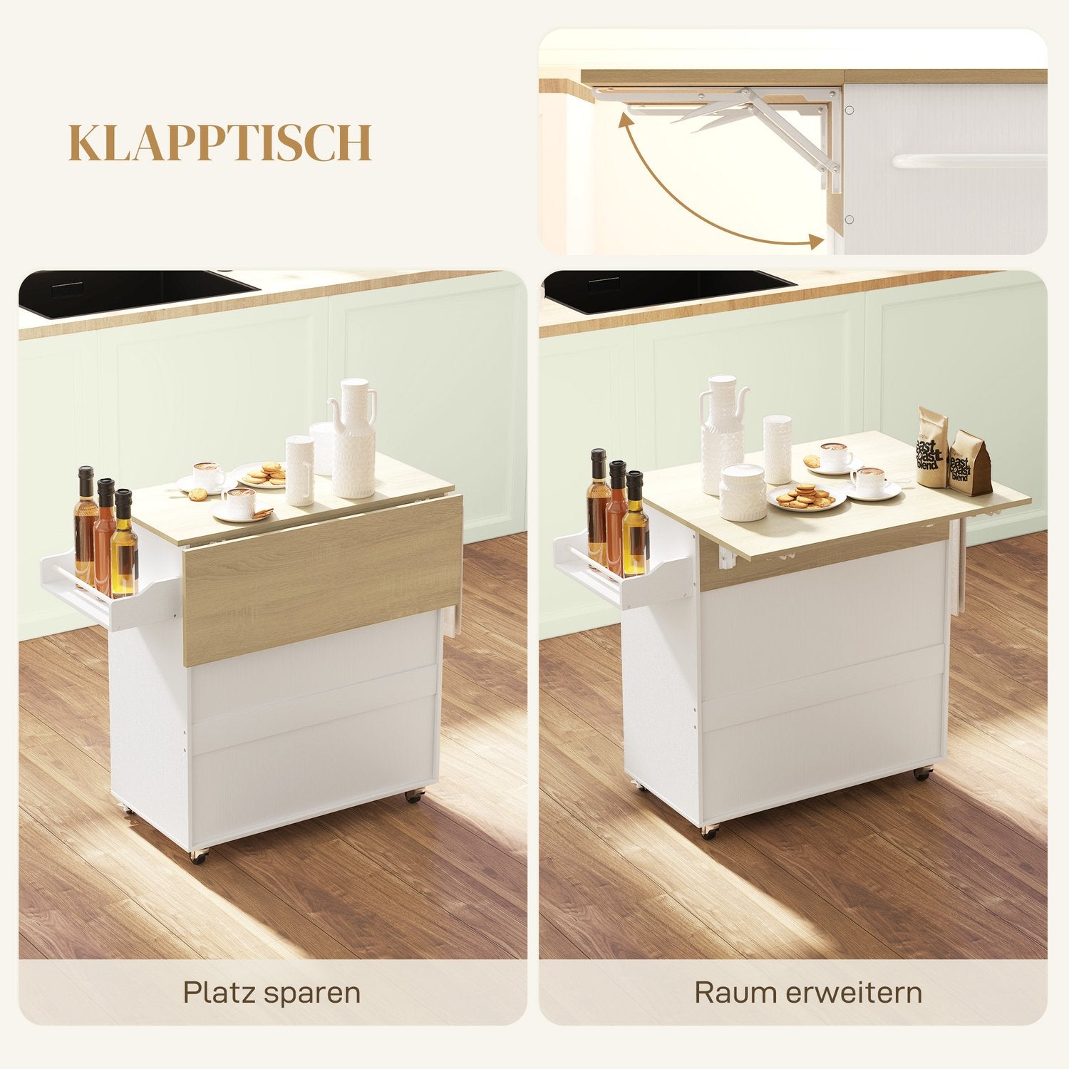 White Kitchen Island Trolley med hjul, kryddställ & förvaring