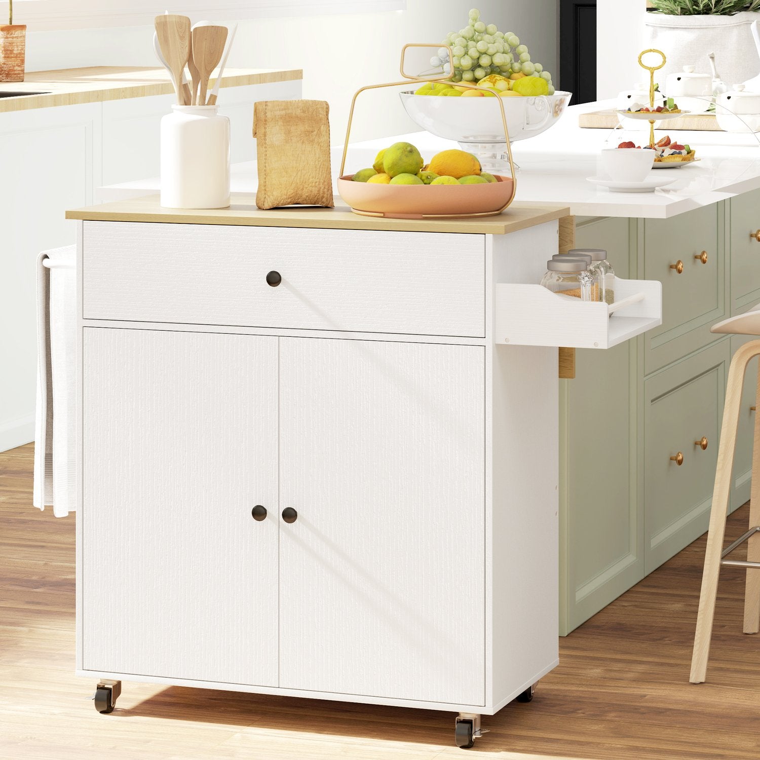 White Kitchen Island Trolley med hjul, kryddställ & förvaring