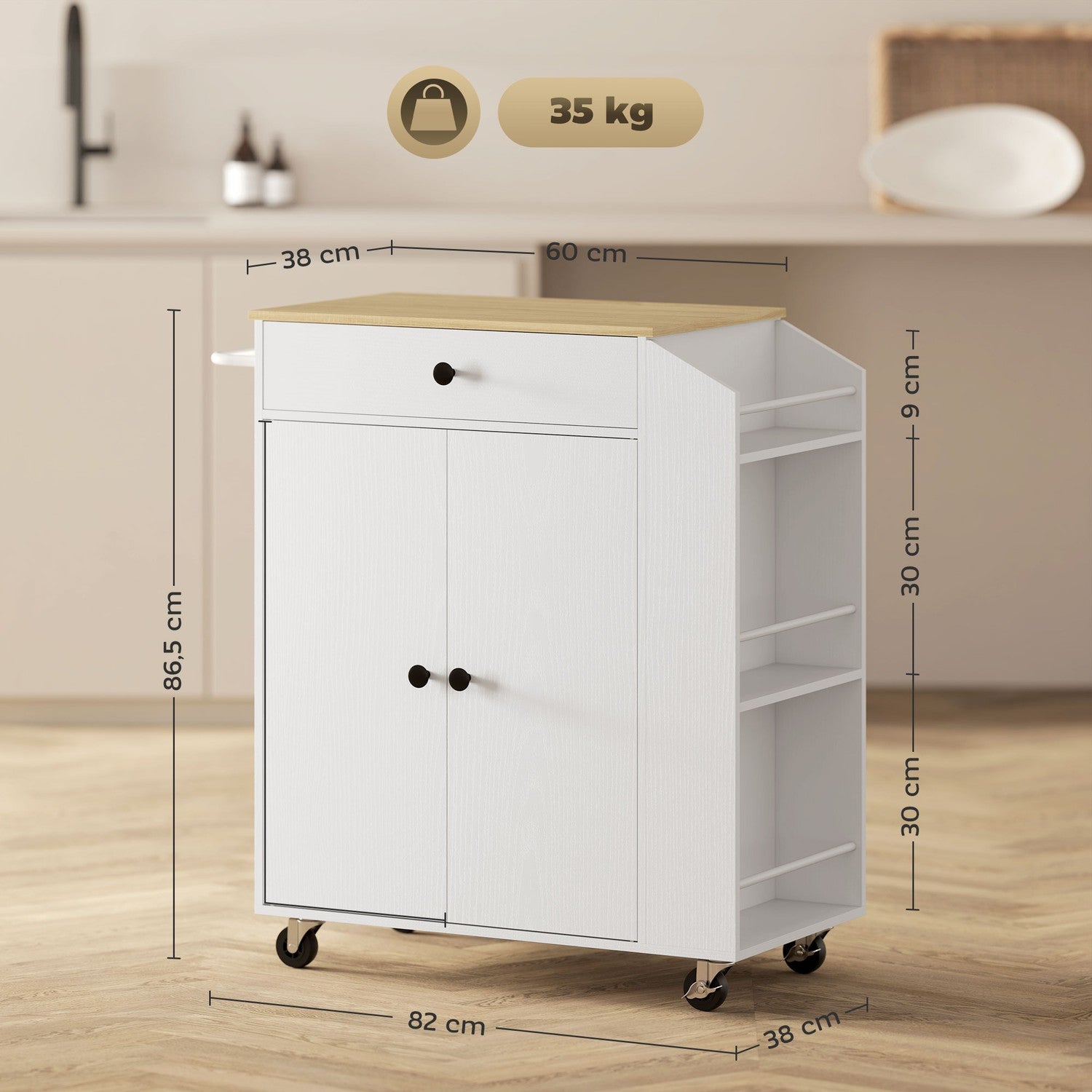 White Kitchen Trolley Island – Hjul, lådor & handduksställ