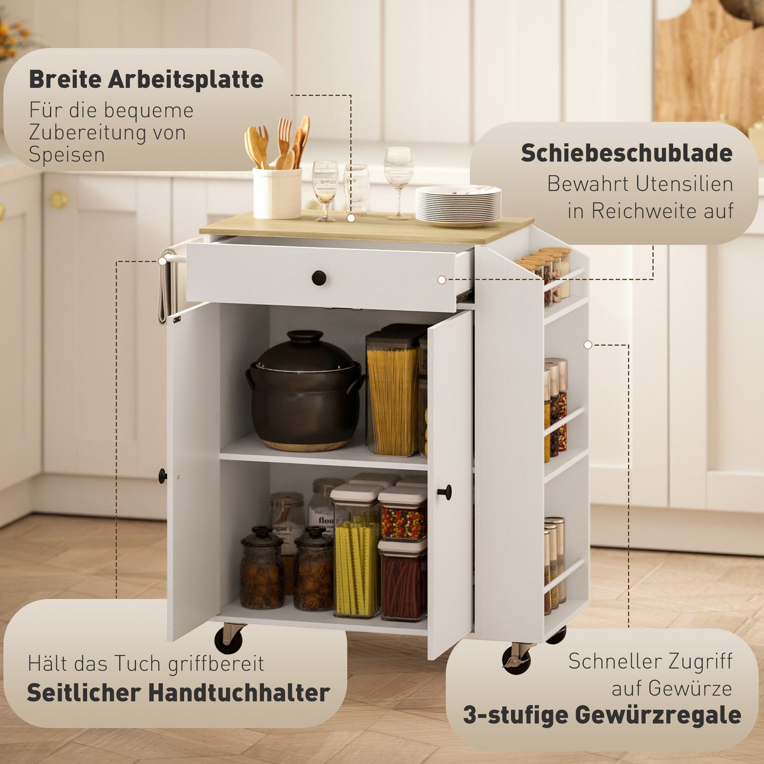 White Kitchen Trolley Island – Hjul, lådor & handduksställ