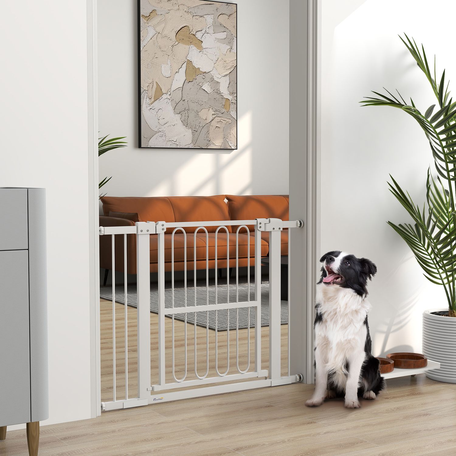 White Steel Dog Gate – No-Drill, Låsbar, 76-104 cm