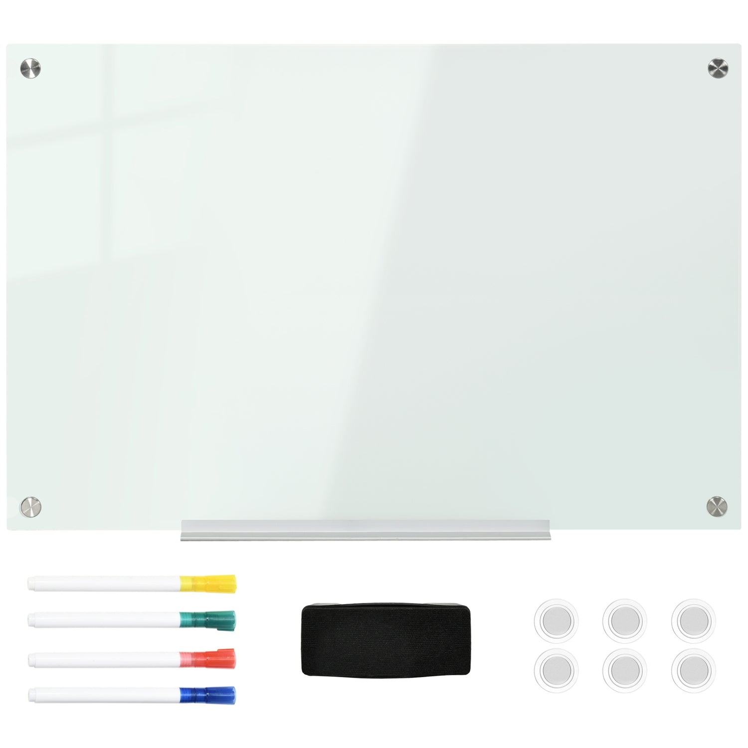 Whiteboard glazen bord, ezels, planken, 90x60cm, 4 pennen