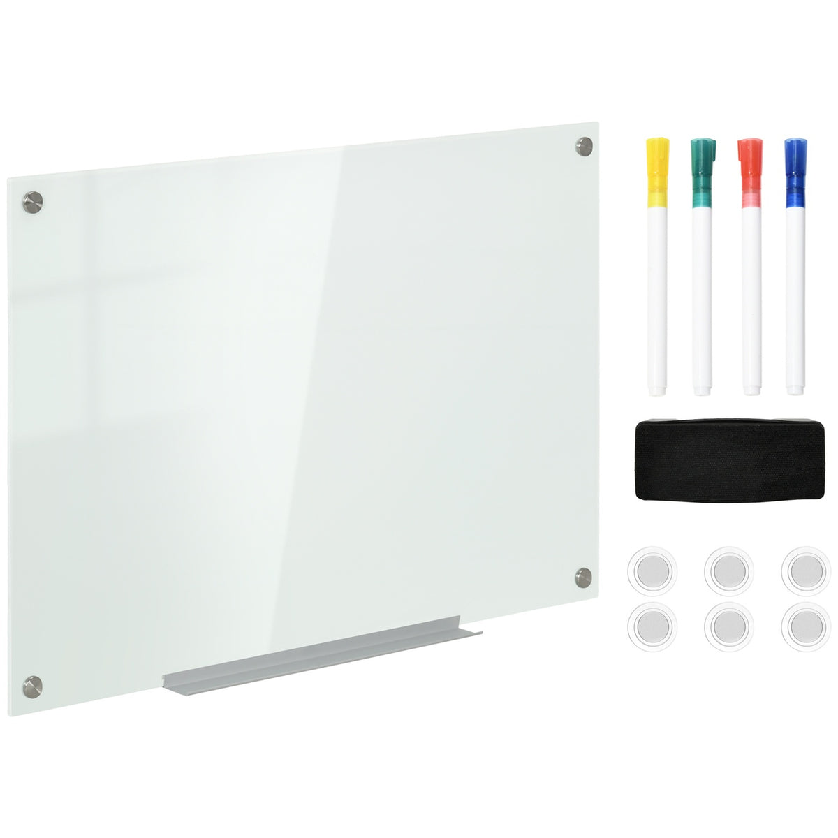 Whiteboard glastavla, staffli, hylla, 90x60Cm, 4 pennor