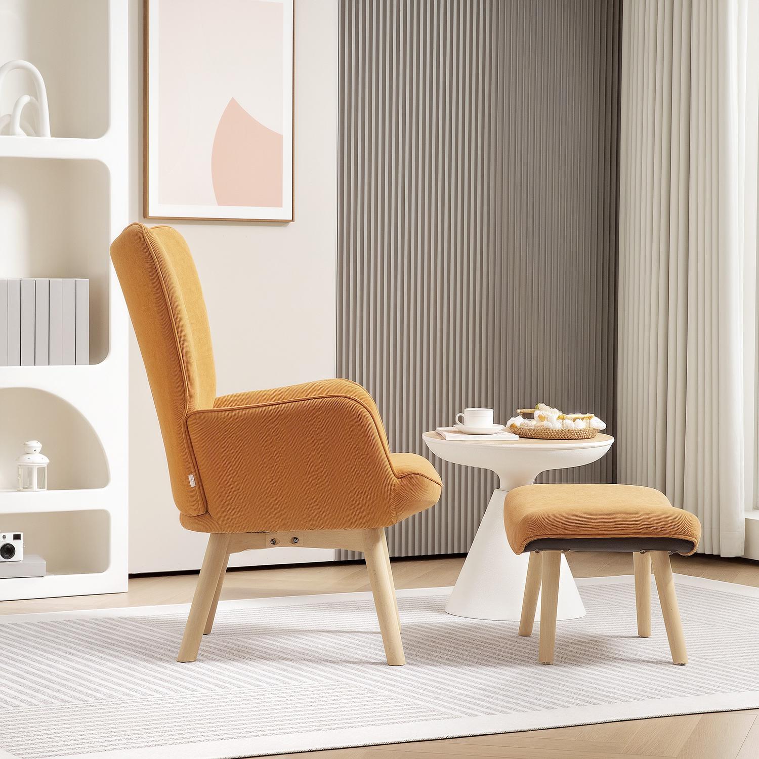 Wingback fåtölj med pall – Tuftad manchester, brun