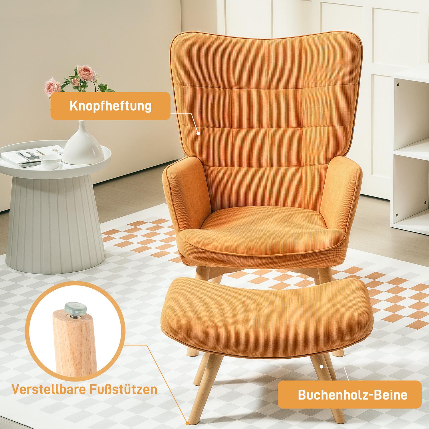 Wingback fåtölj med pall – Tuftad manchester, brun