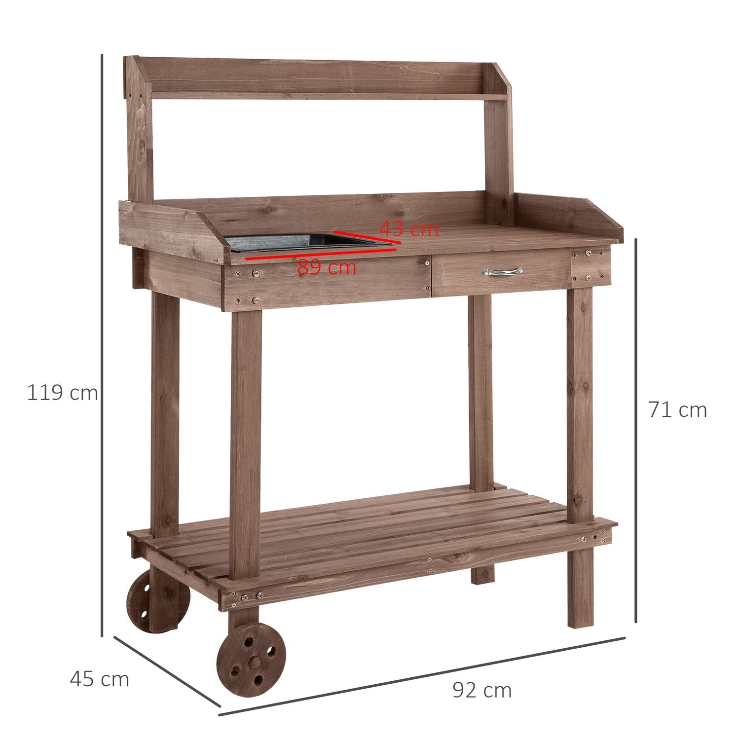 Växtbord Med Låda 2 Steg Trädgårdsbord Med Handfat Och Hjul Trädgårdsgran Trä Brun 92 X 45 X 119 Cm