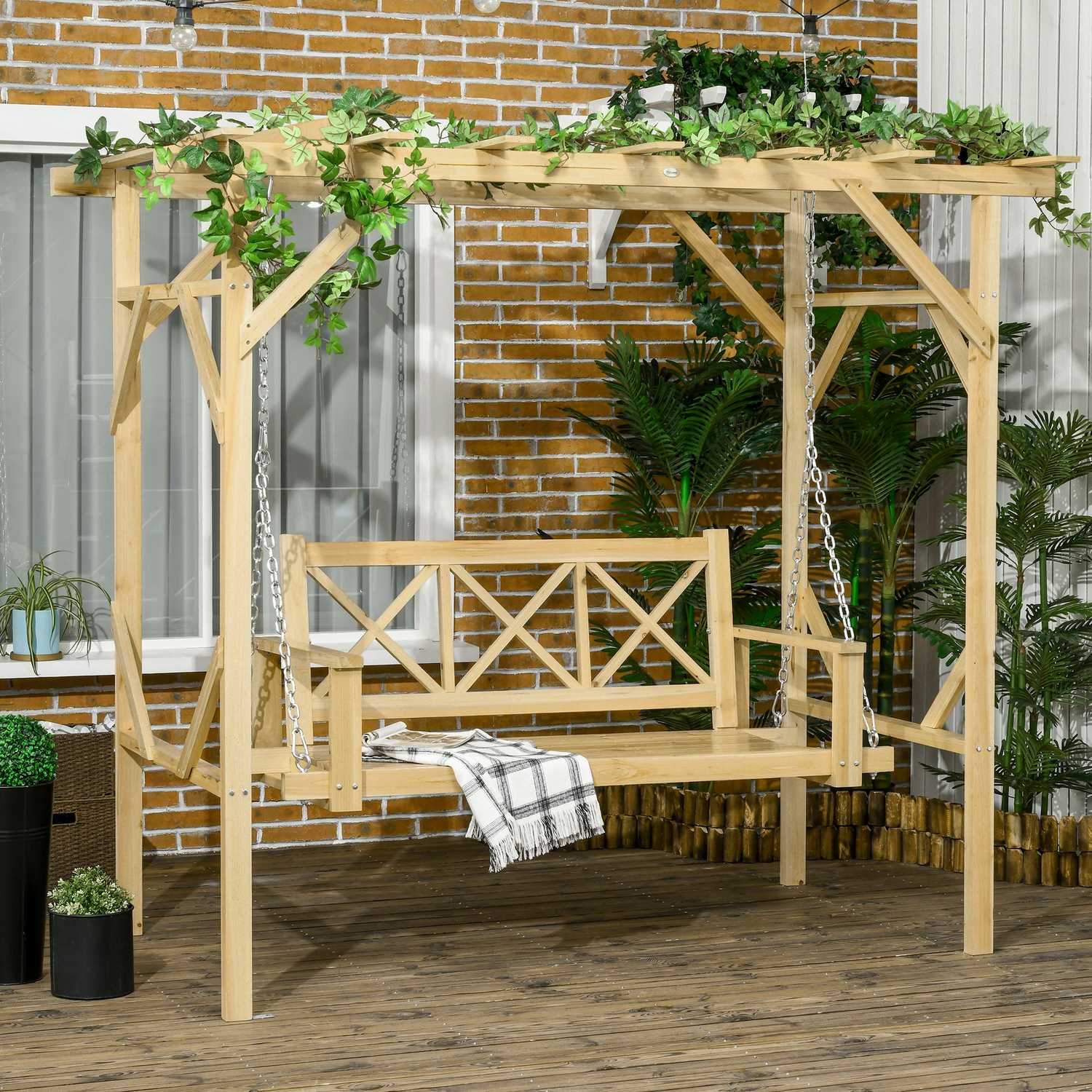 Hollywood-Gunga Med Pergola, 2-Sits Trädgårdsgunga, Väderbeständig Gungbänk För Trädgård, Massivt Trä, Natur, 221 X 140 X 196 Cm