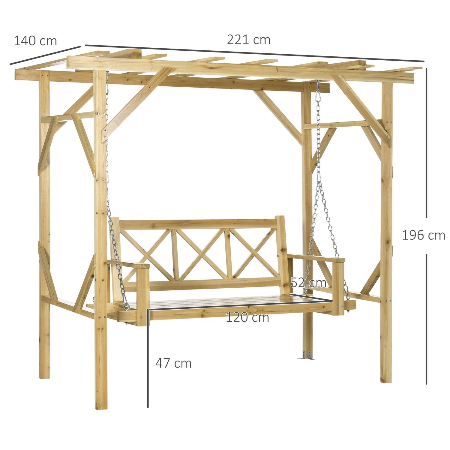 Hollywood-Gunga Med Pergola, 2-Sits Trädgårdsgunga, Väderbeständig Gungbänk För Trädgård, Massivt Trä, Natur, 221 X 140 X 196 Cm