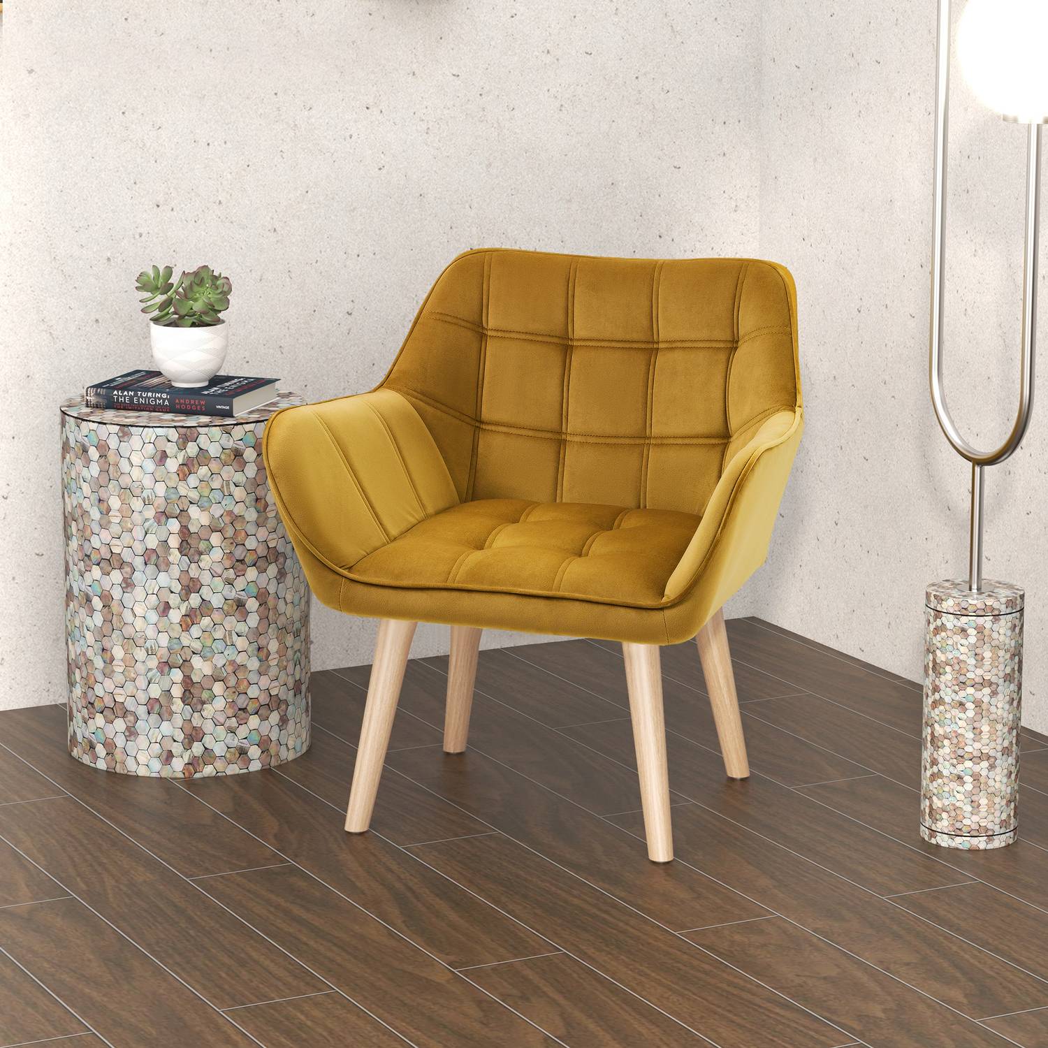 Yellow Velvet Scandinavian Wing Chair – 67x61,5x71 cm